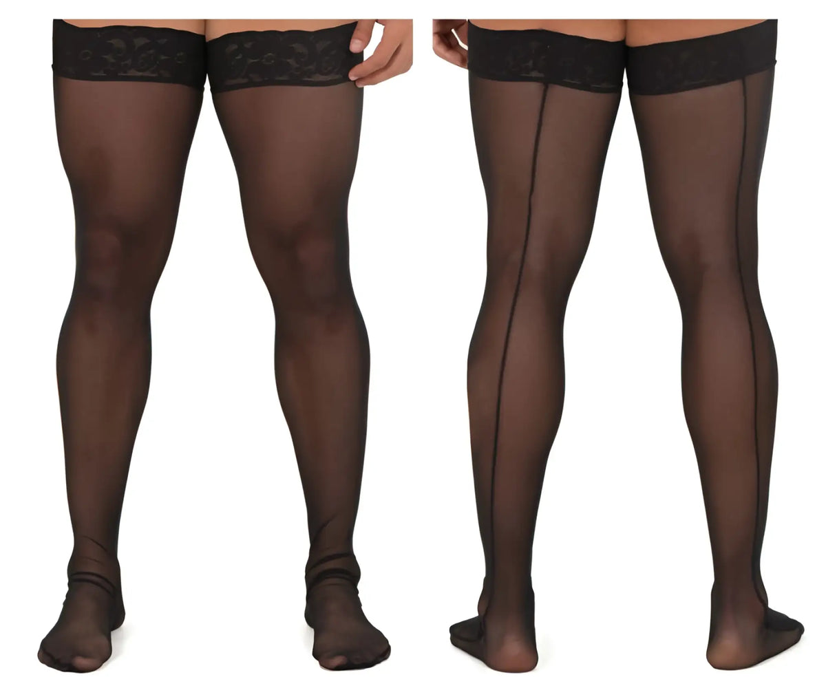 CandyMan 99533 black sheer mesh thigh highs with lace trim and central seam for elegant legwear