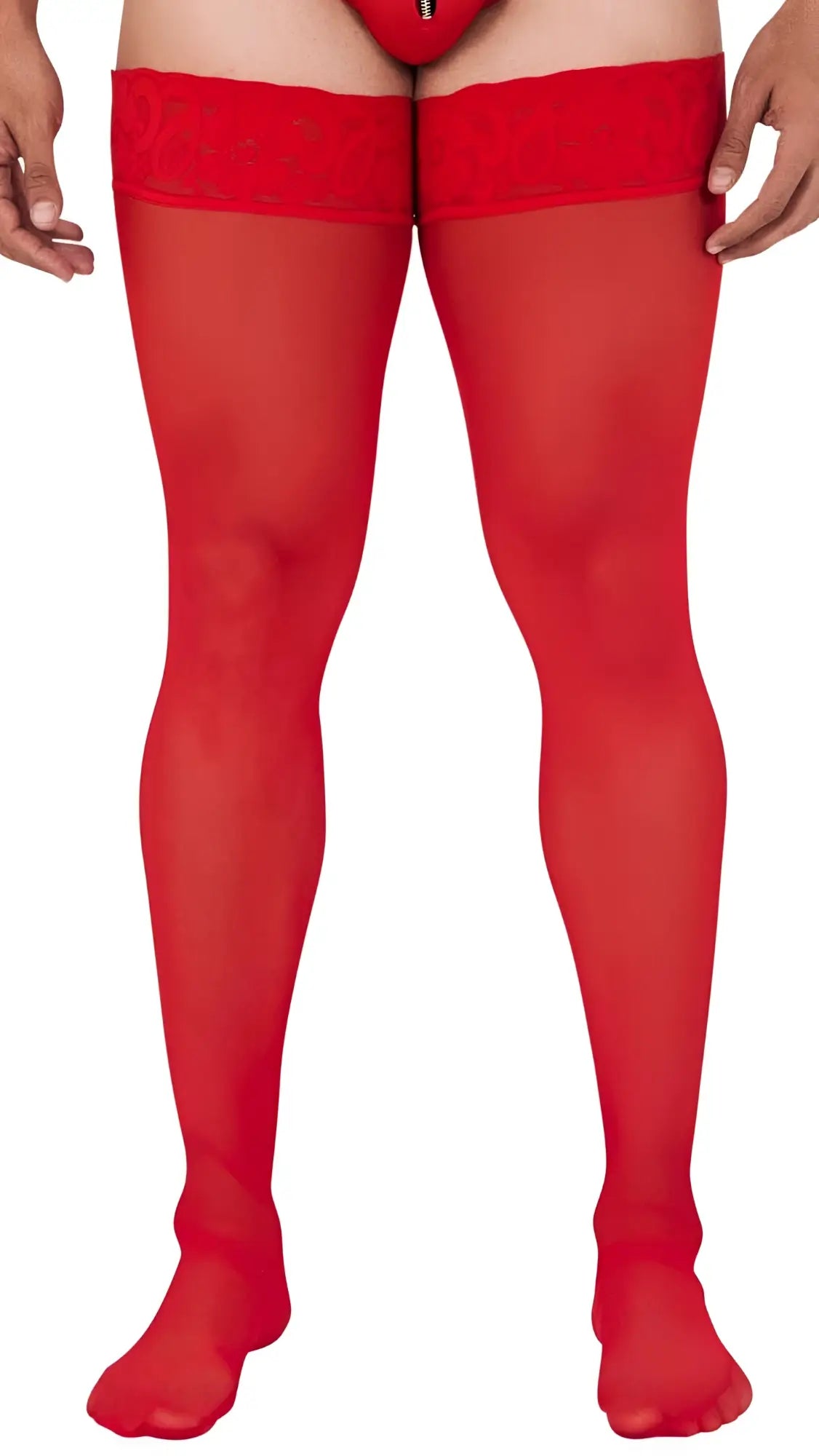 CandyMan 99533 mesh thigh highs in red feature sheer fabric with lace trim at the top for a sensual look
