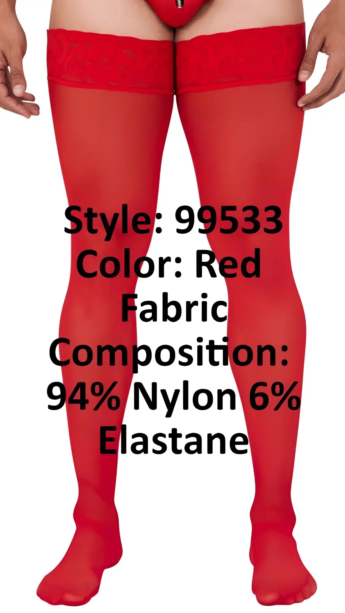 Red sheer thigh-high stockings with lace trim made of 94 percent nylon and 6 percent elastane candyman 99533 mesh red