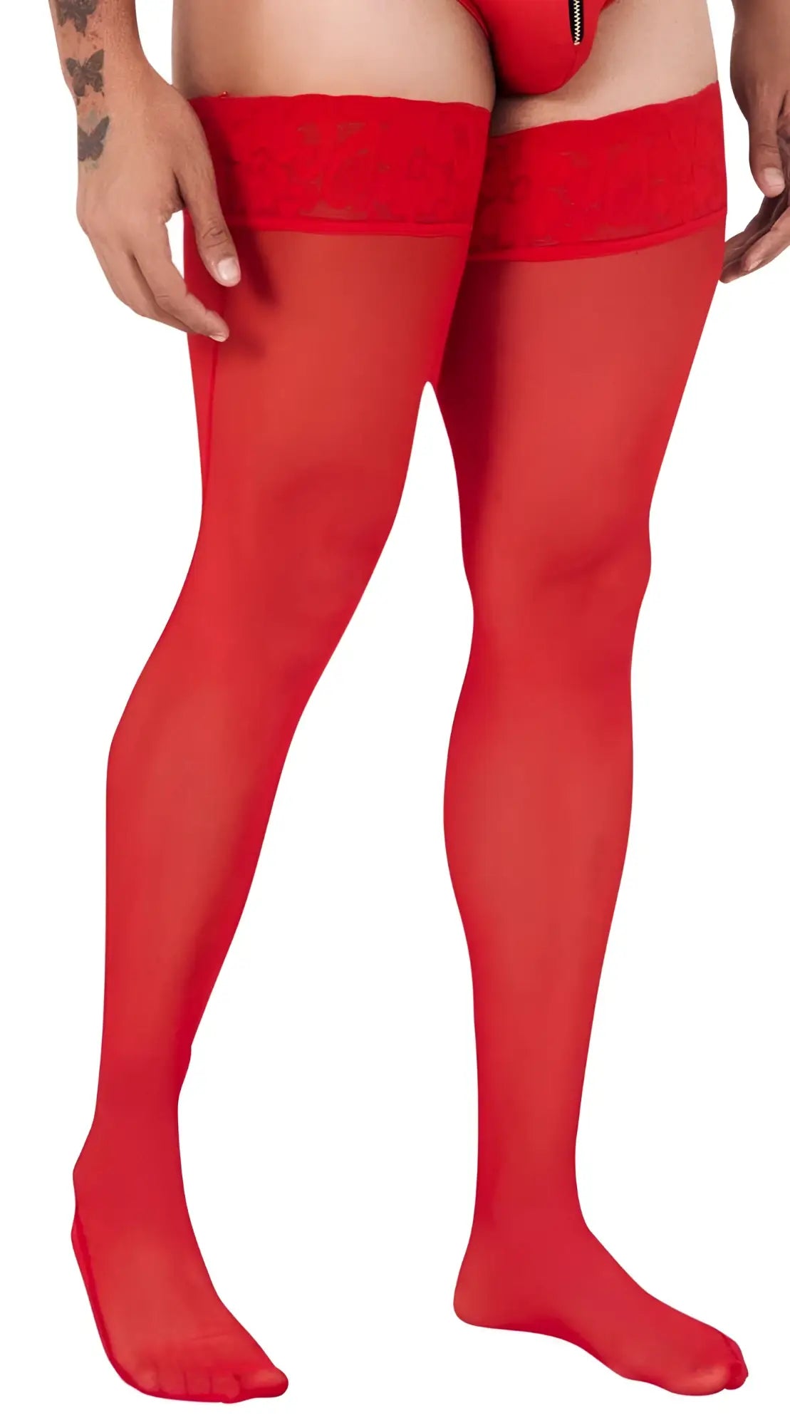 Red candyMan 99533 mesh thigh highs with lace trim sheer thigh high stockings