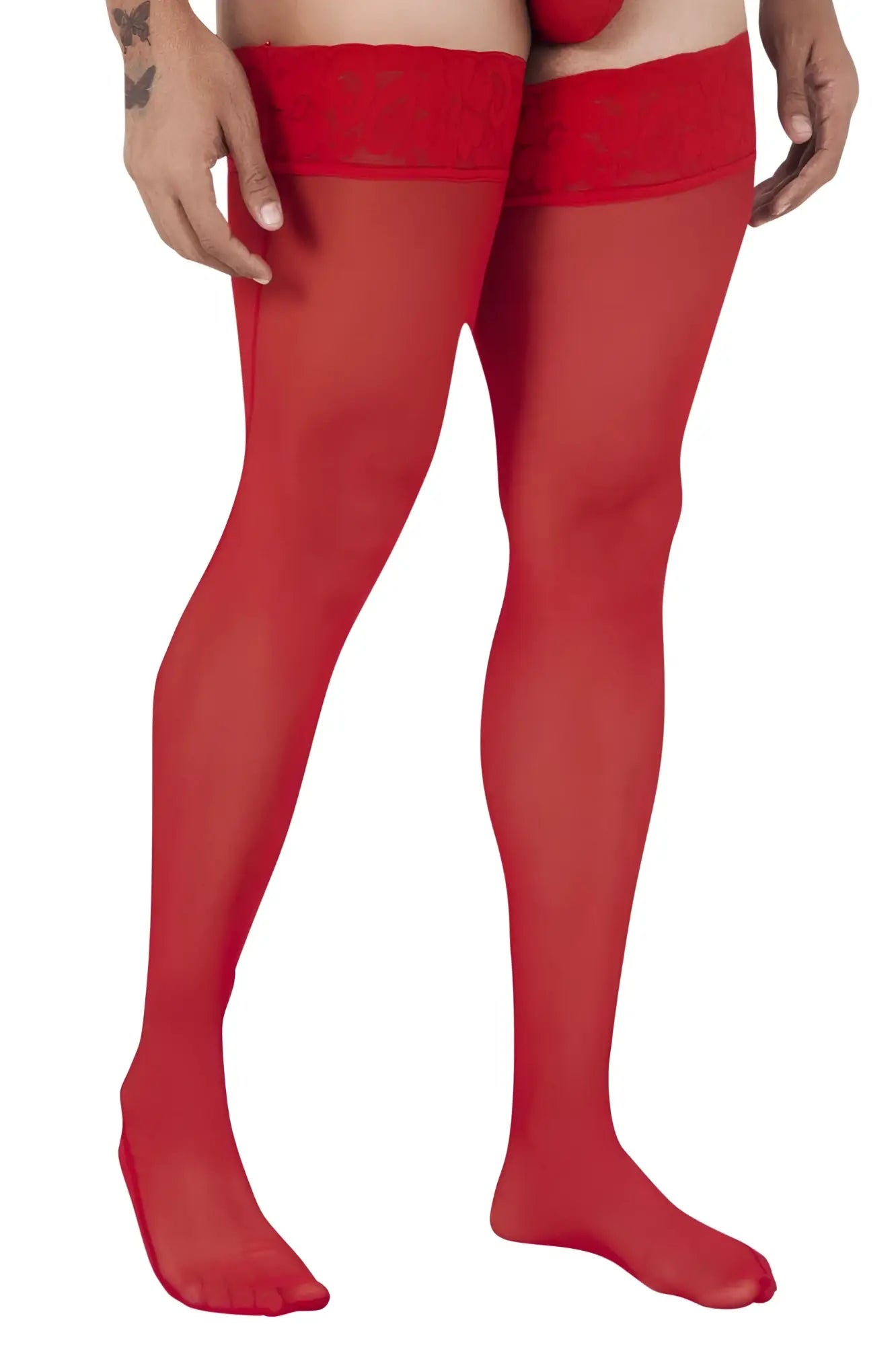 Red candyMan 99533 mesh thigh highs with sheer fabric and a solid elastic band at the top