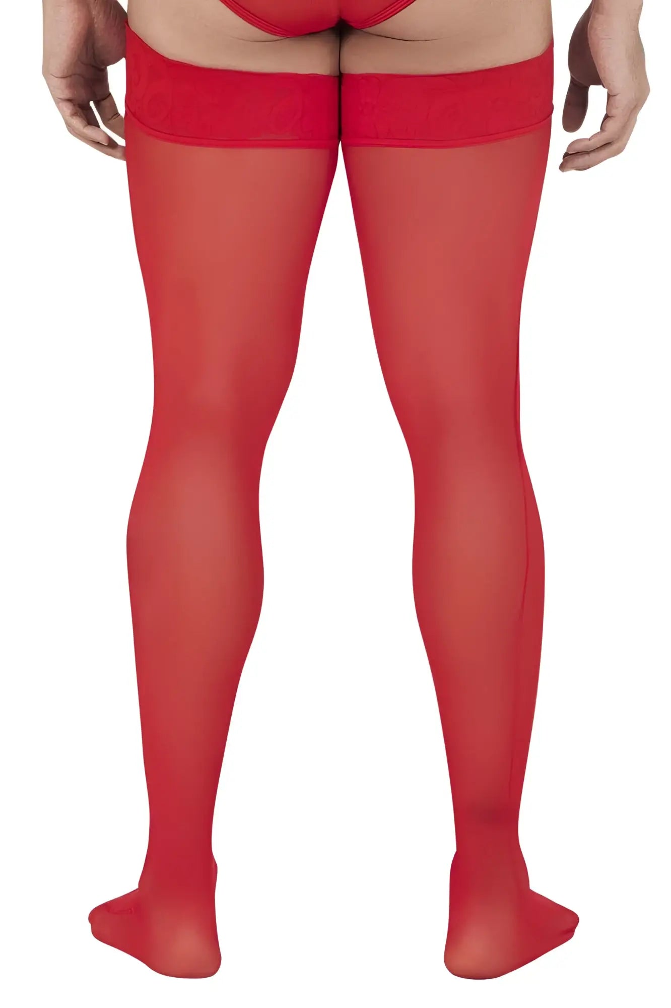 Red CandyMan 99533 mesh thigh highs with sheer fabric and solid red elastic band at the top