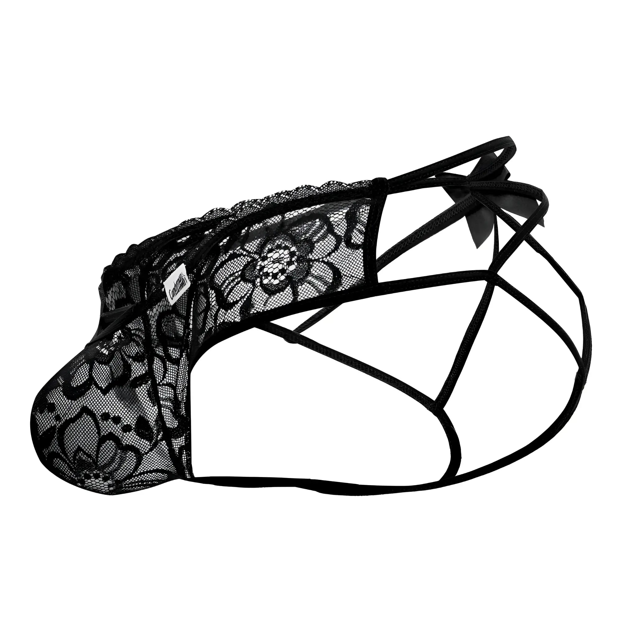 Black lace mens underwear with floral pattern and crisscross straps candyMan 99535 bow jockstrap black front view