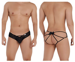 Back view of candyman 99535 black lace thong jockstrap with bow and crisscross straps