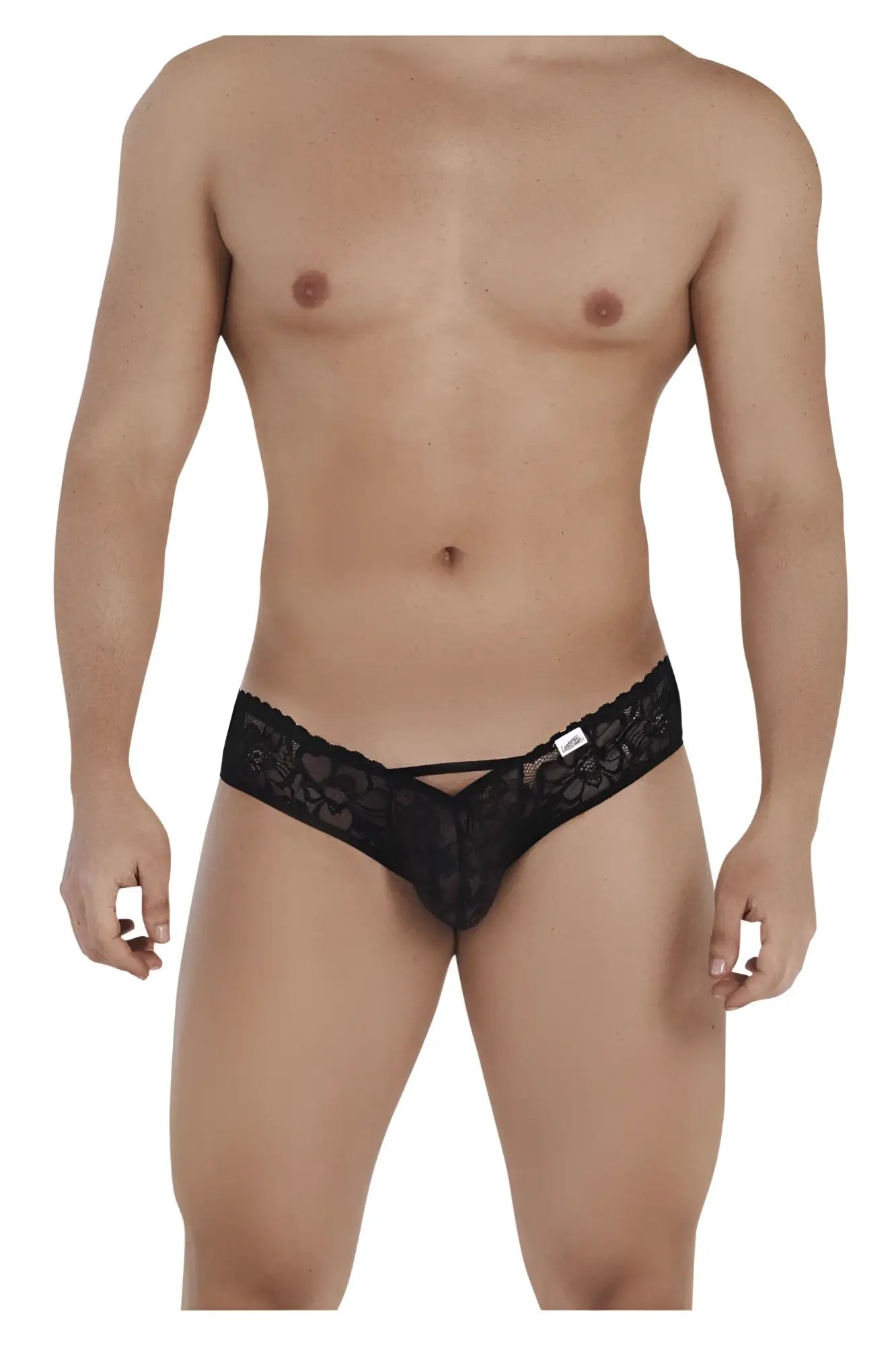 Black lace thong jockstrap with floral pattern and small white tag on waistband from candyman 99535 bow collection