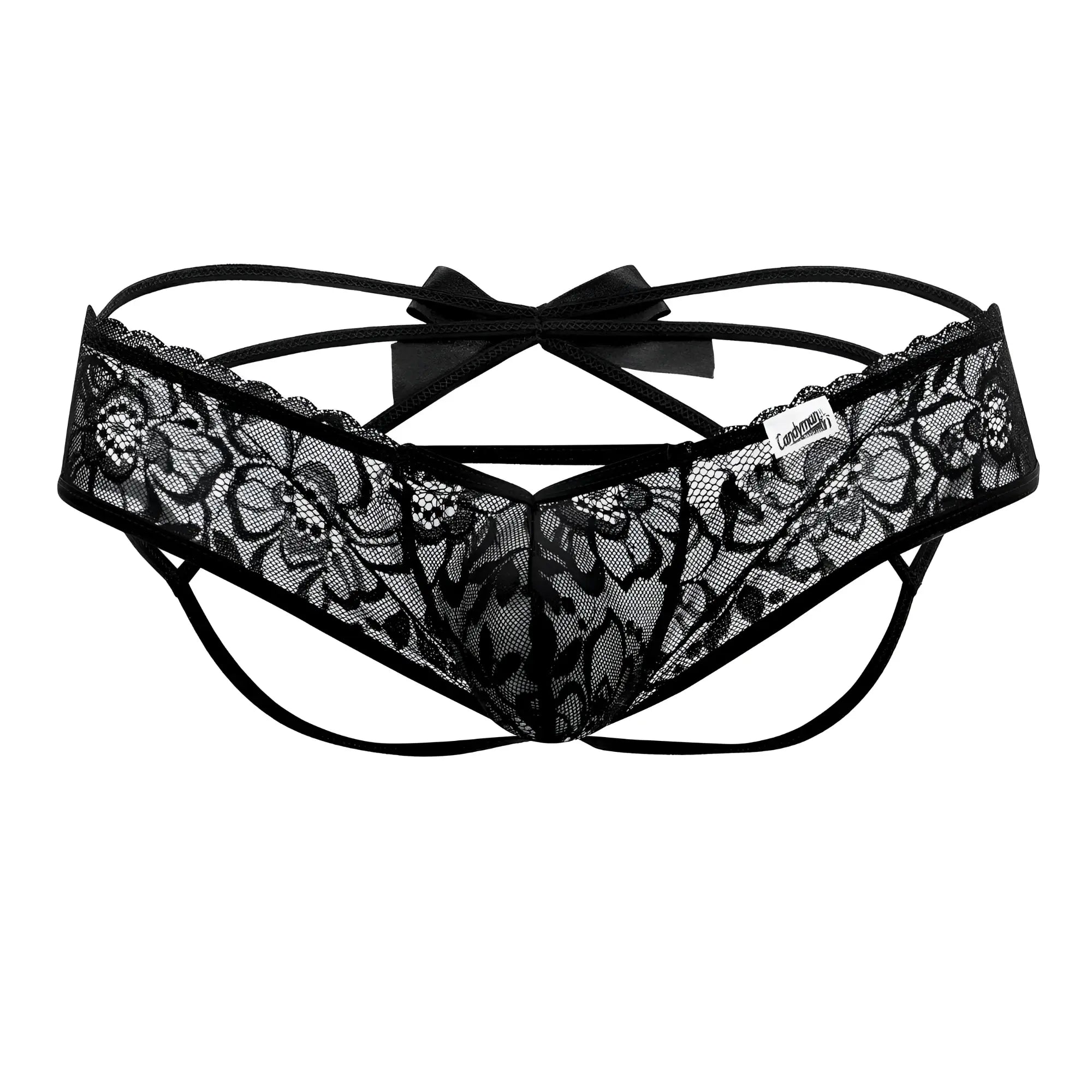 Black lace thong candyMan 99535 bow jockstrap in black with floral pattern and satin bow on the back side