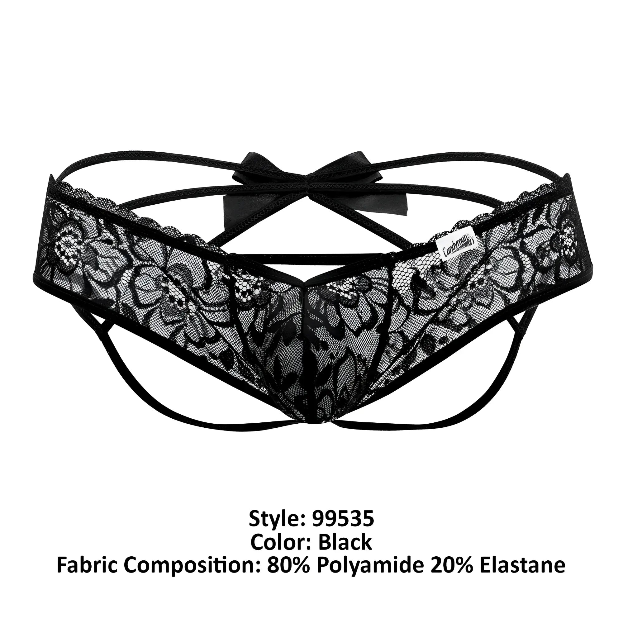 CandyMan 99535 black lace thong with floral pattern and central bow shown from the back side