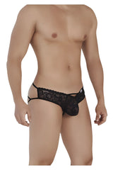 Black lace thong CandyMan 99535 bow jockstrap with intricate heart pattern and sheer mesh panel in black color