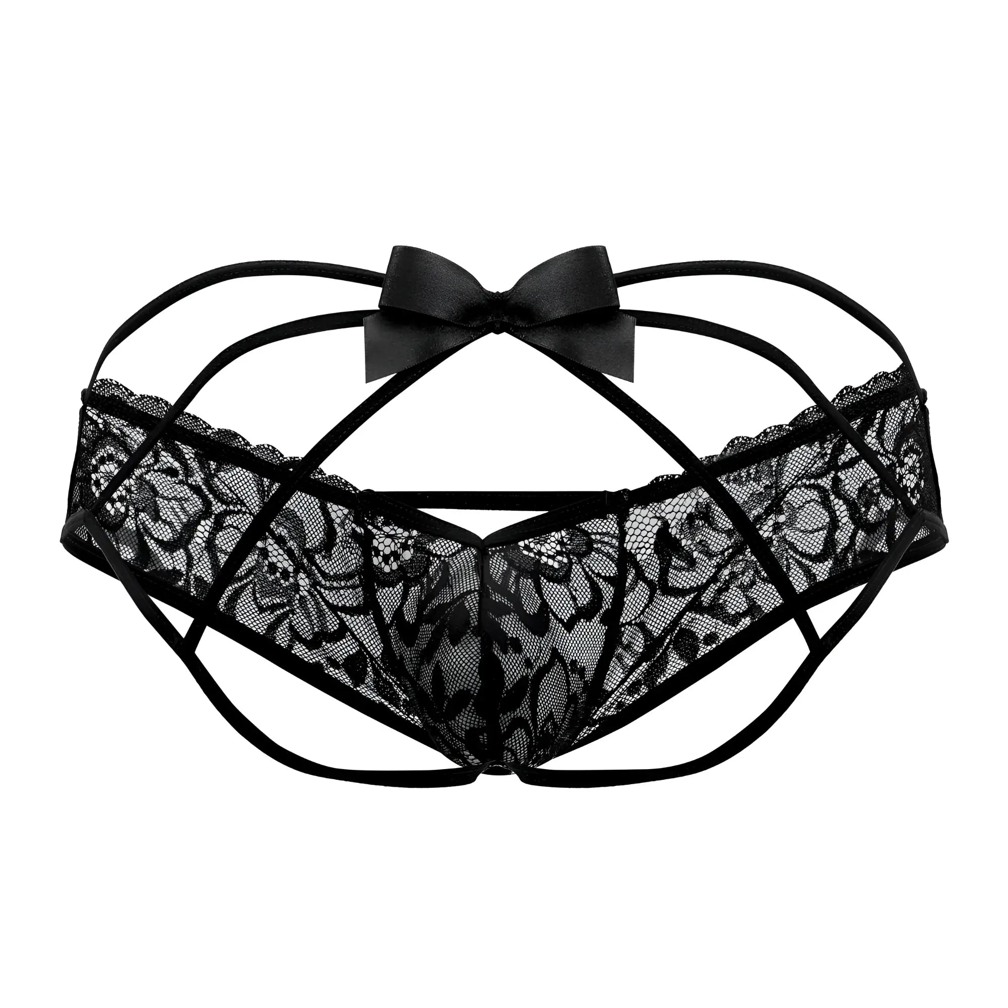 Black lace thong with satin bow at center from candyman 99535 bow jockstrap in black color