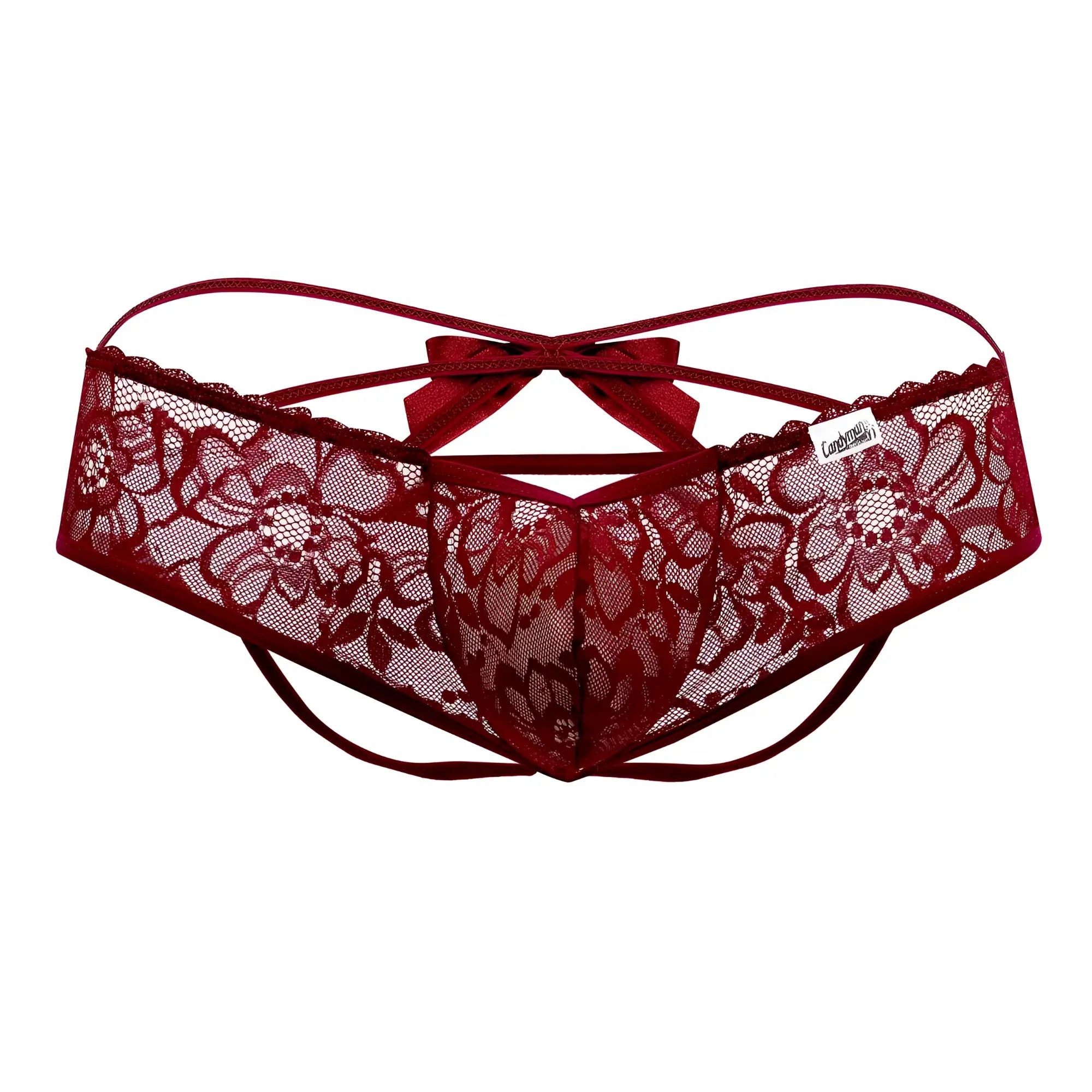 A deep red lace thong with floral patterns and a matching bow at the back from candy man 99535 bow jockstrap burgundy