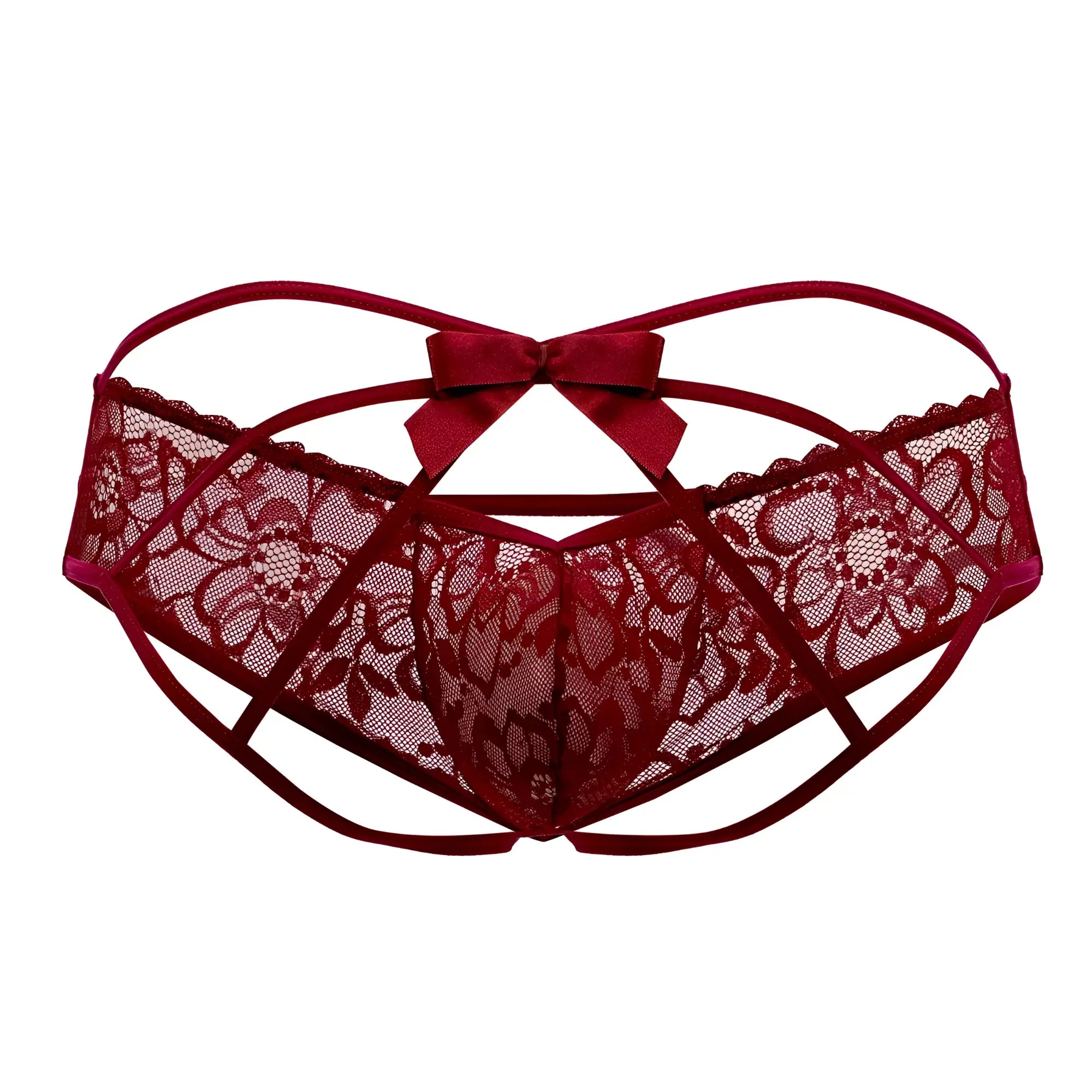 Deep red lace candy man 99535 bow jockstrap thong back view with satin bow in burgundy color