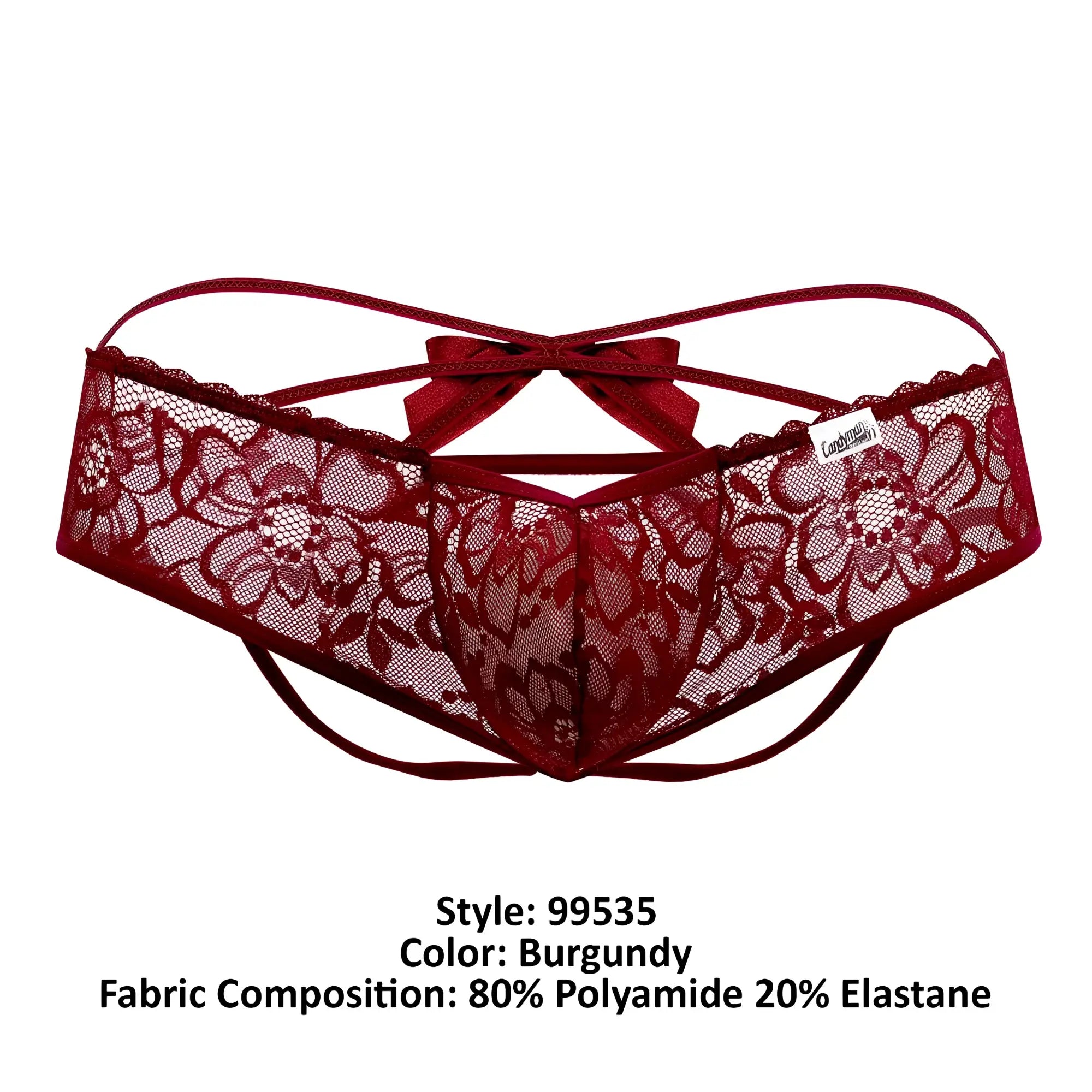 Back view of candyman 99535 burgundy lace thong featuring a floral pattern and matching bow jockstrap design
