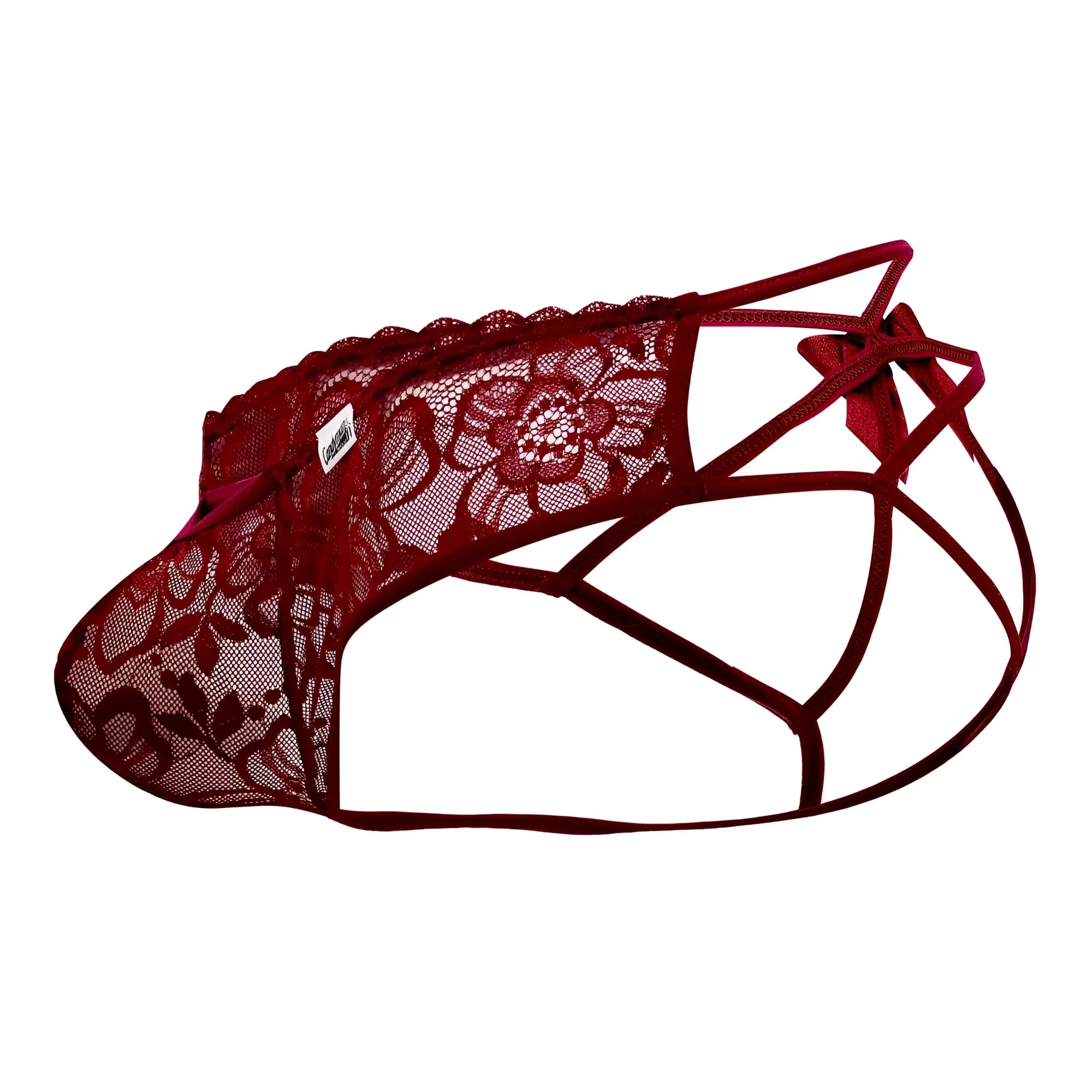 A burgundy CandyMan 99535 bow jockstrap thong with maroon lace floral patterns and crisscross straps visible from back