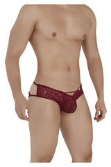A burgundy candyman 99535 bow jockstrap featuring a maroon lace thong with intricate floral patterns and cut-out design