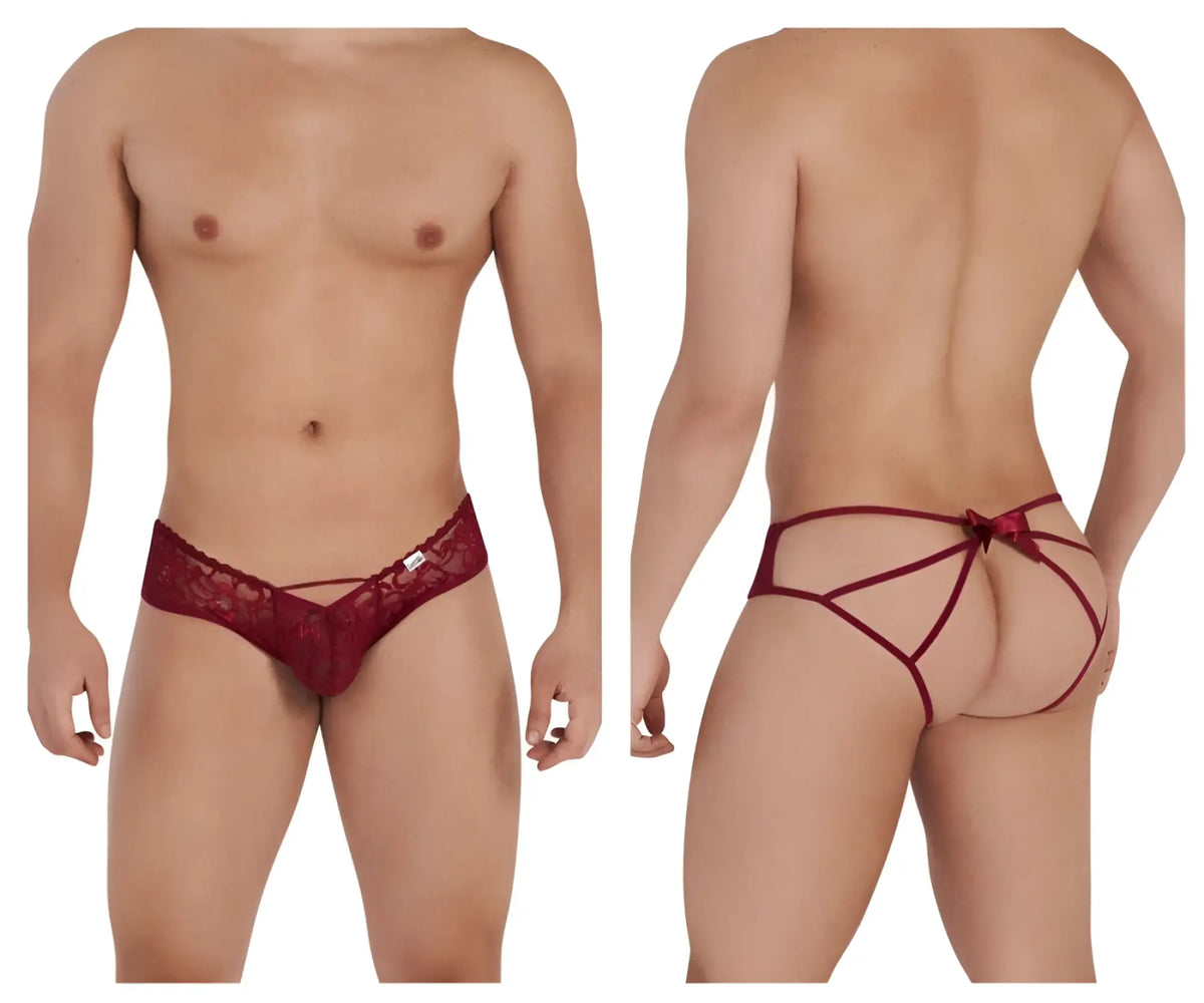 Back view of burgundy red lace candyMan 99535 bow jockstrap featuring a decorative bow detail