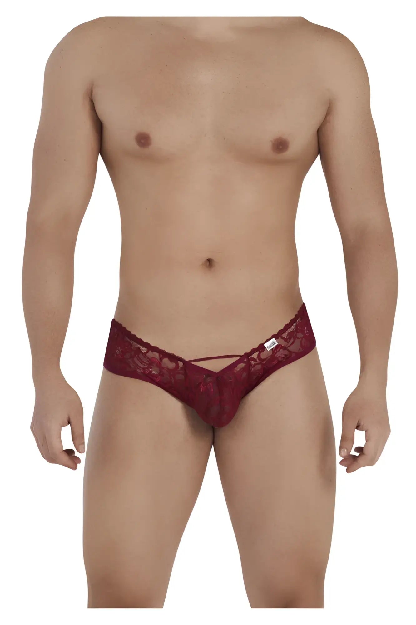 Candyman 99535 bow jockstrap in burgundy lace thong style with intricate floral patterns and sheer fabric design
