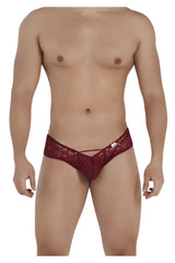 Candyman 99535 bow jockstrap in burgundy lace thong style with intricate floral patterns and sheer fabric design