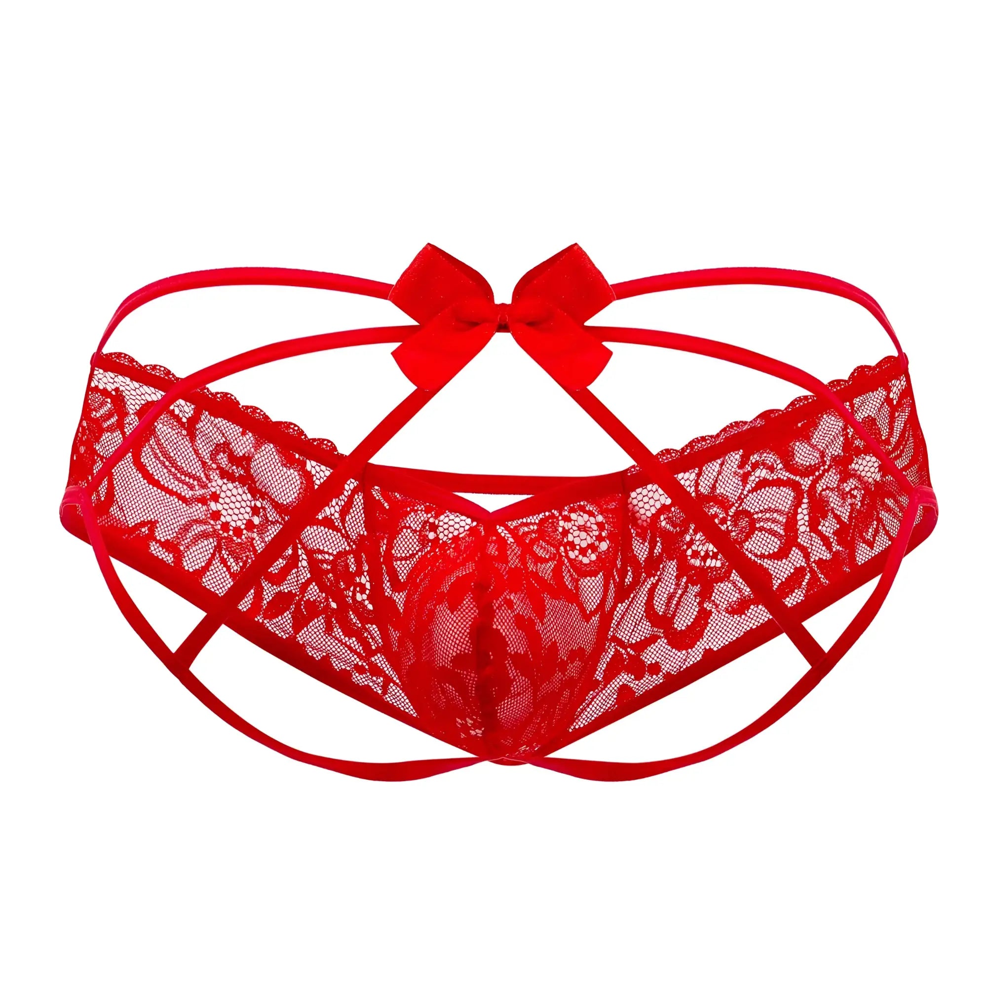CandyMan 99535 red lace bow jockstrap with crisscross straps featuring a central bow detail