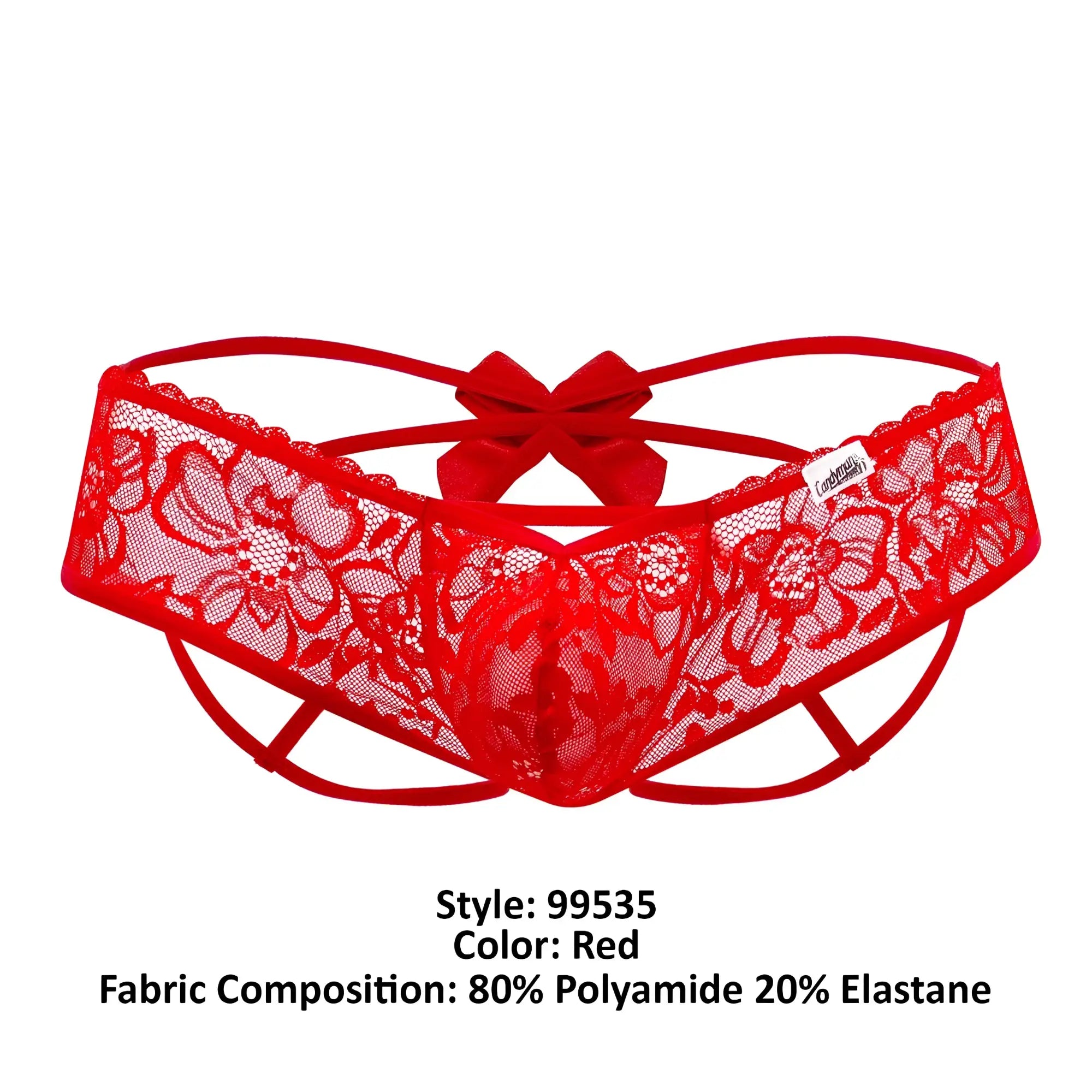 Red lace candyMan 99535 bow jockstrap with floral pattern and central bow in vibrant red color