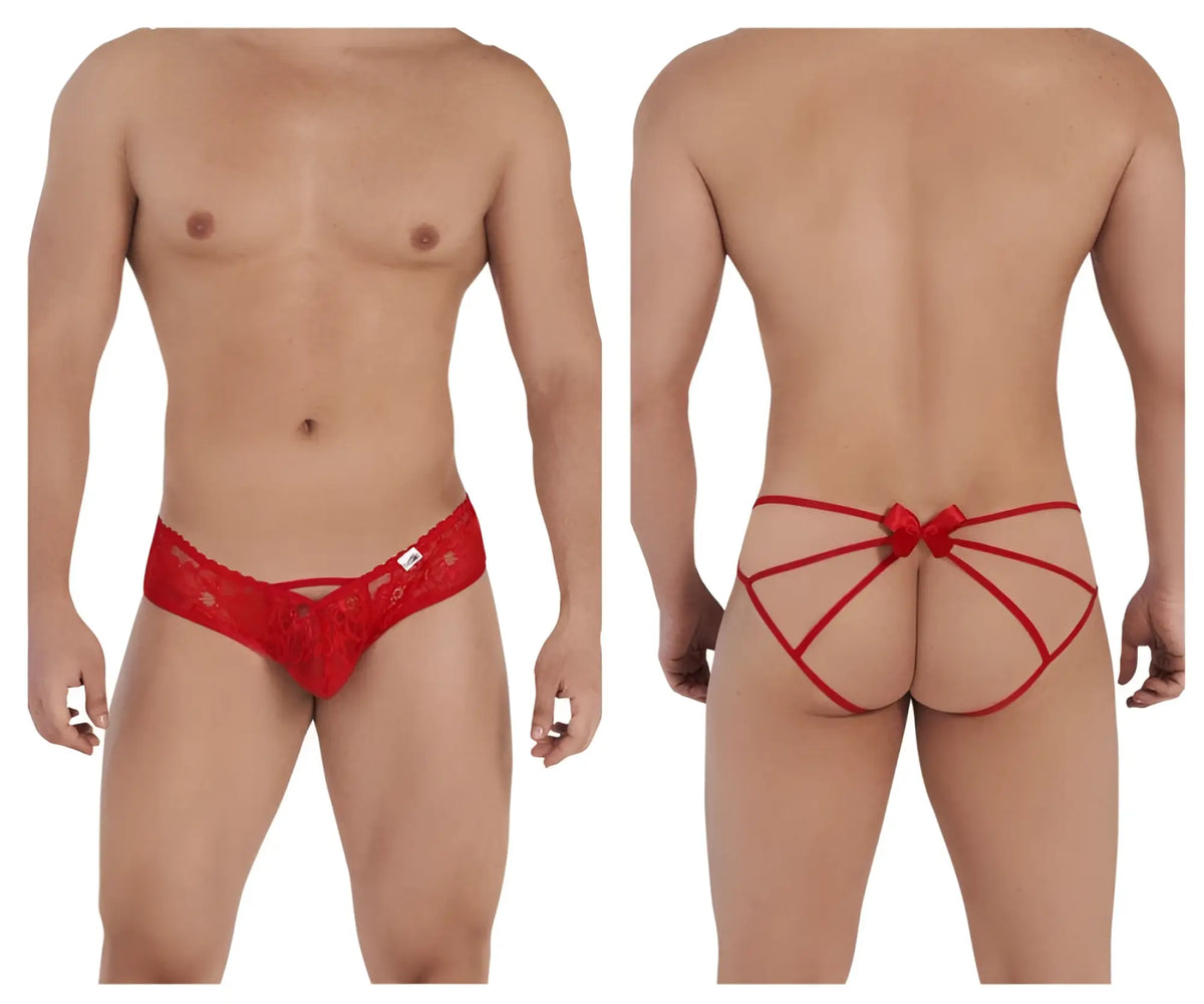 Back view of red lace candy man 99535 bow jockstrap featuring a decorative bow and thong design