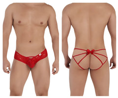 Back view of red lace candy man 99535 bow jockstrap featuring a decorative bow and thong design
