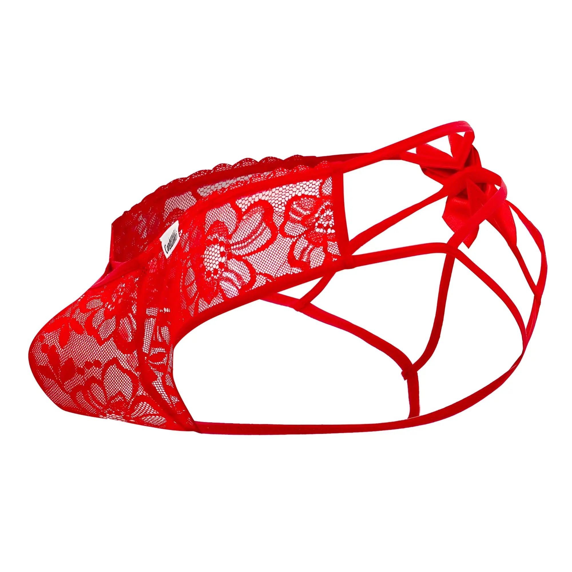 Red lace thong with floral pattern and adjustable straps from candyman 99535 bow jockstrap in red shown from front