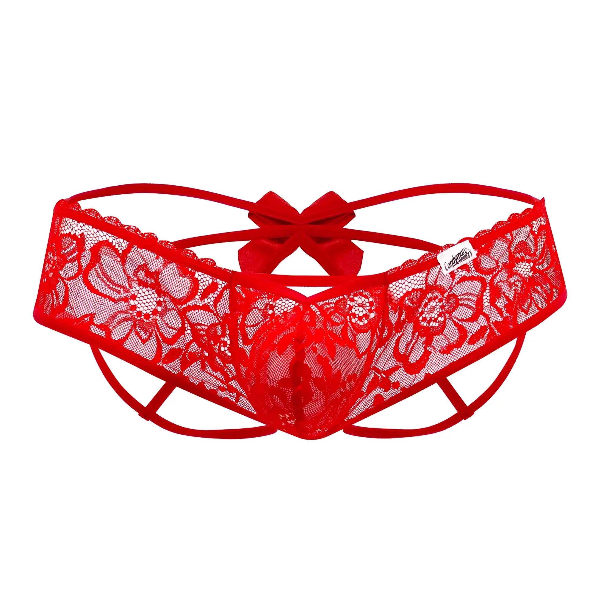 Back view of candyman 99535 red lace thong with floral patterns and matching satin bow jockstrap