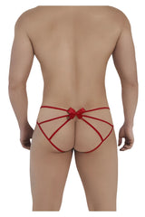 Red satin CandyMan 99535 bow jockstrap thong with crisscross straps shown from the back side