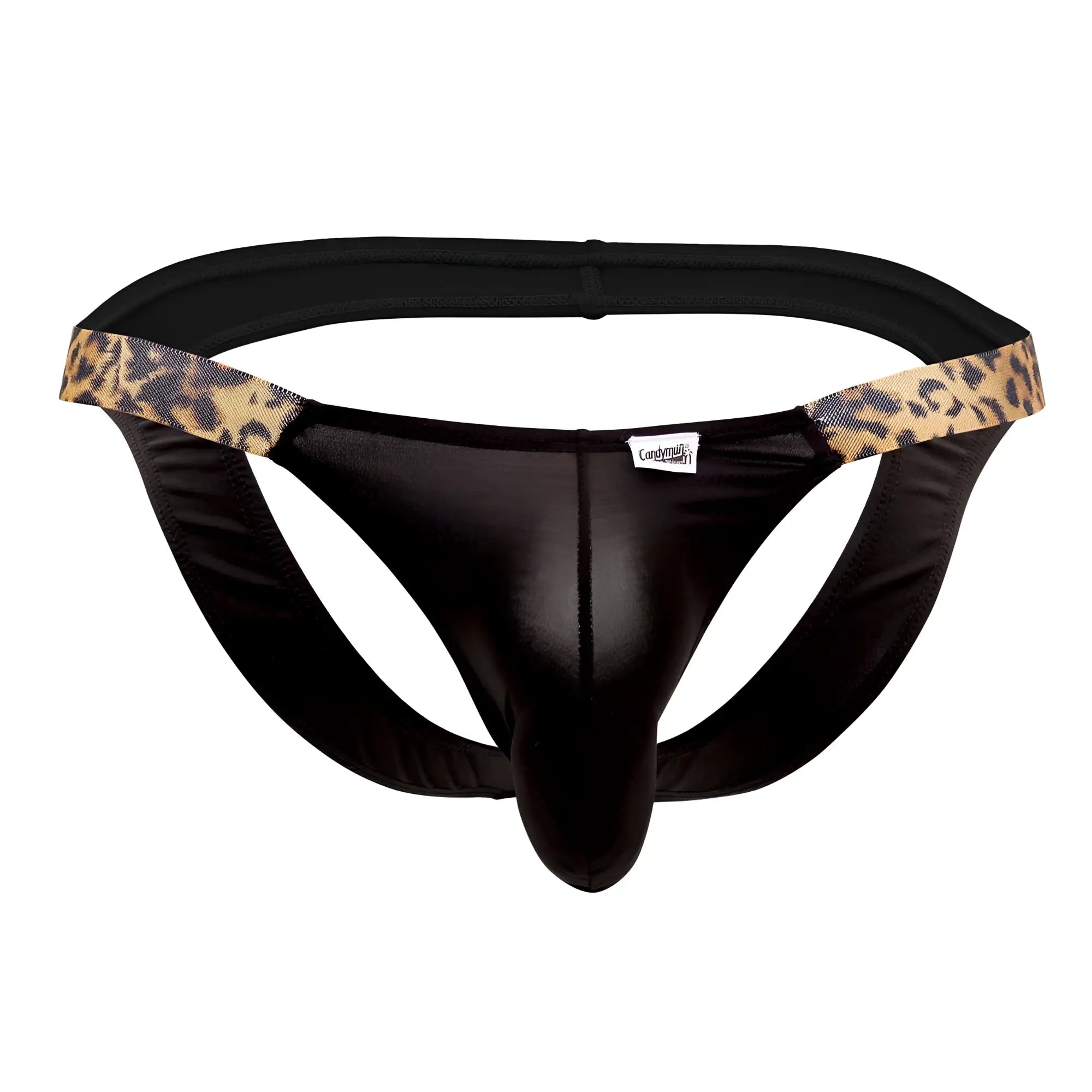 Black satin-like CandyMan 99536X bikini jockstrap with leopard-print trim on waistband front view