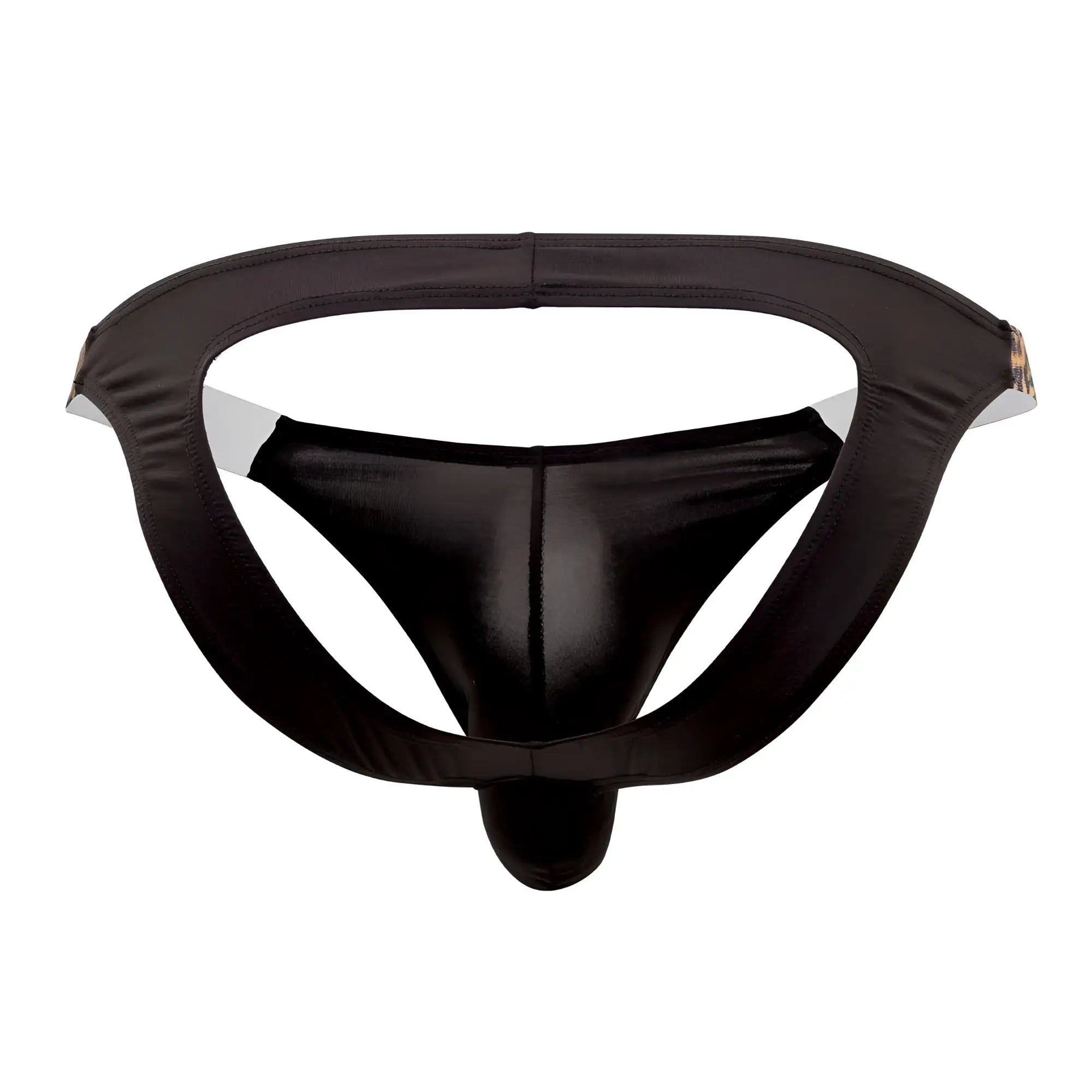 Black satin CandyMan 99536X bikini jockstrap with white lining and central seam in animal print color