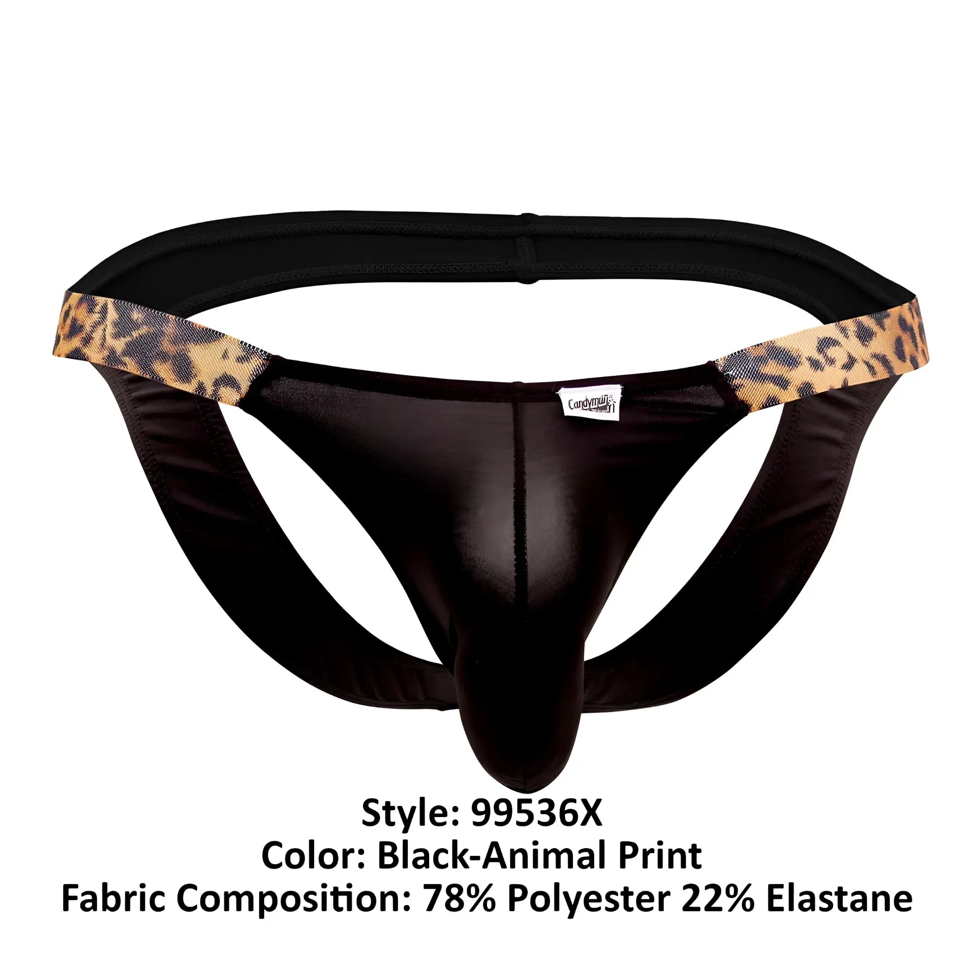 Black thong bikini jockstrap with leopard print trim and glossy finish made of 78% polyester 22% elastane