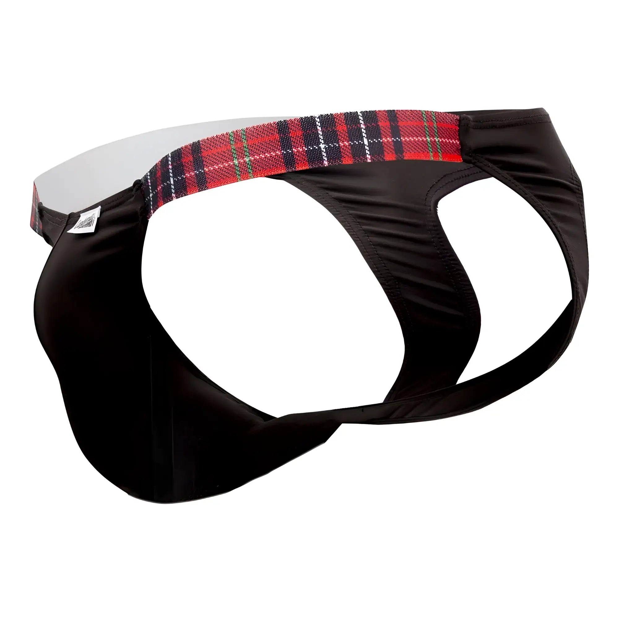 Black CandyMan 99536X bikini jockstrap briefs with red black and white plaid waistband for comfortable support