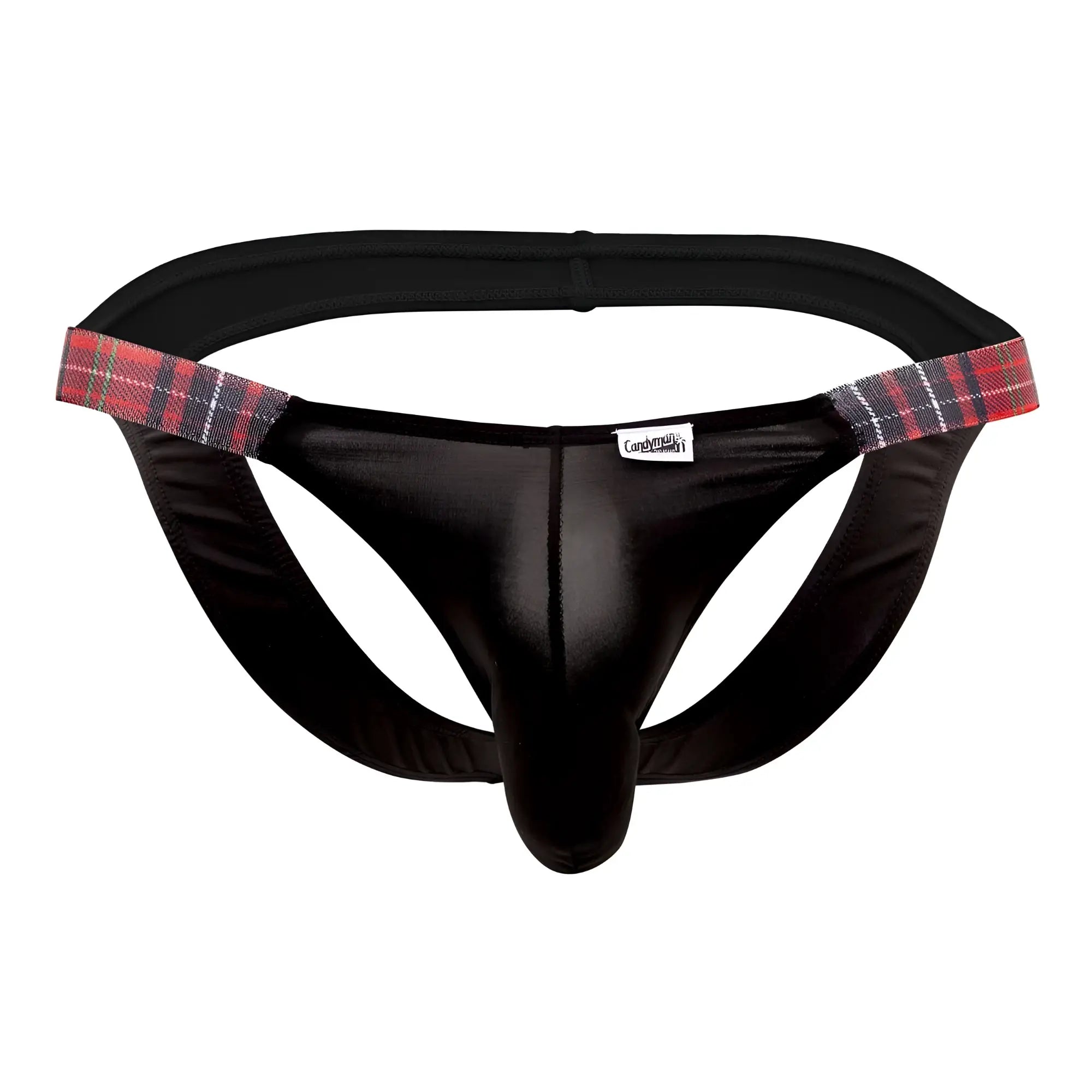 Black satin-like CandyMan 99536X bikini jockstrap with red black and white plaid waistband trim