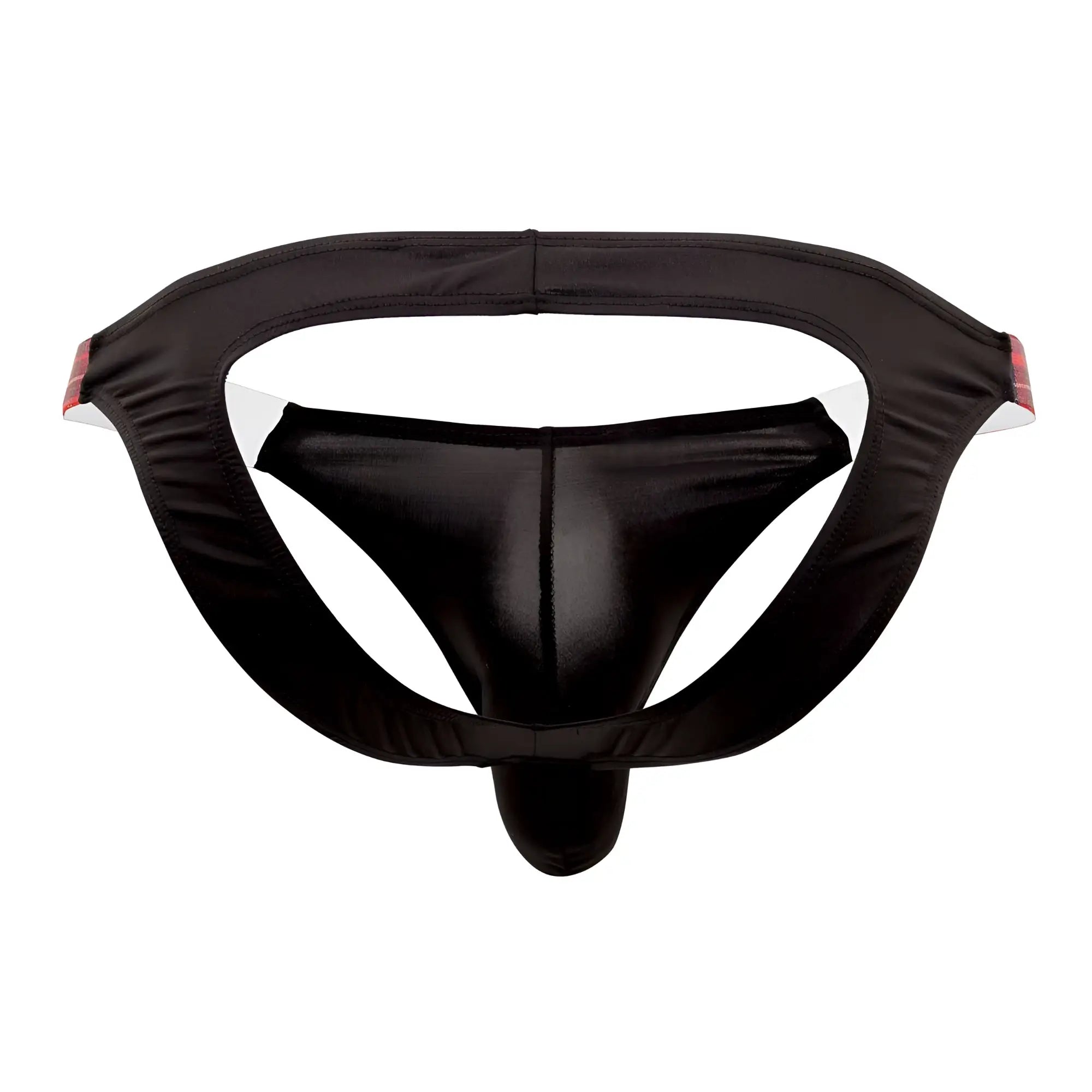 CandyMan 99536X bikini jockstrap in black shiny satin with supportive waistband and subtle red side trim