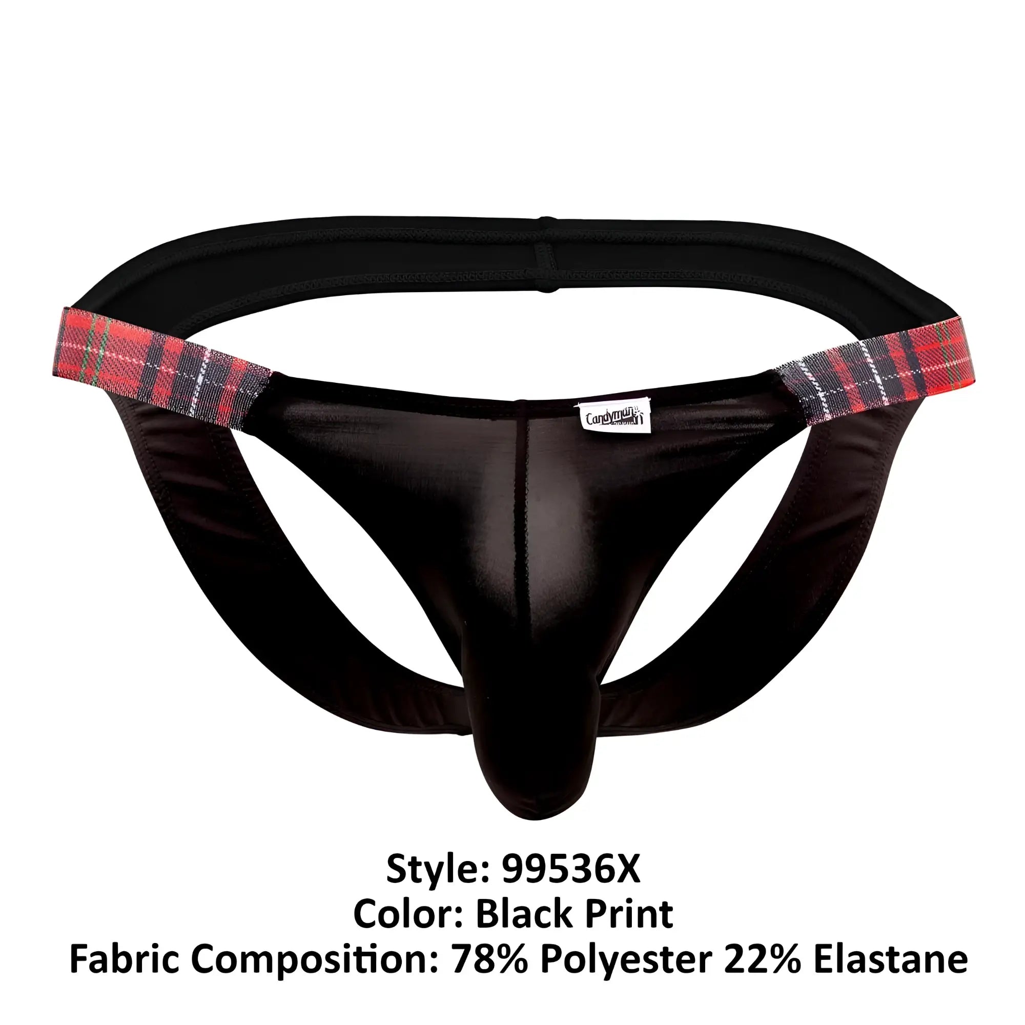 Black thong bikini jockstrap with red black and gray plaid waistband trim candy man 99536x color black