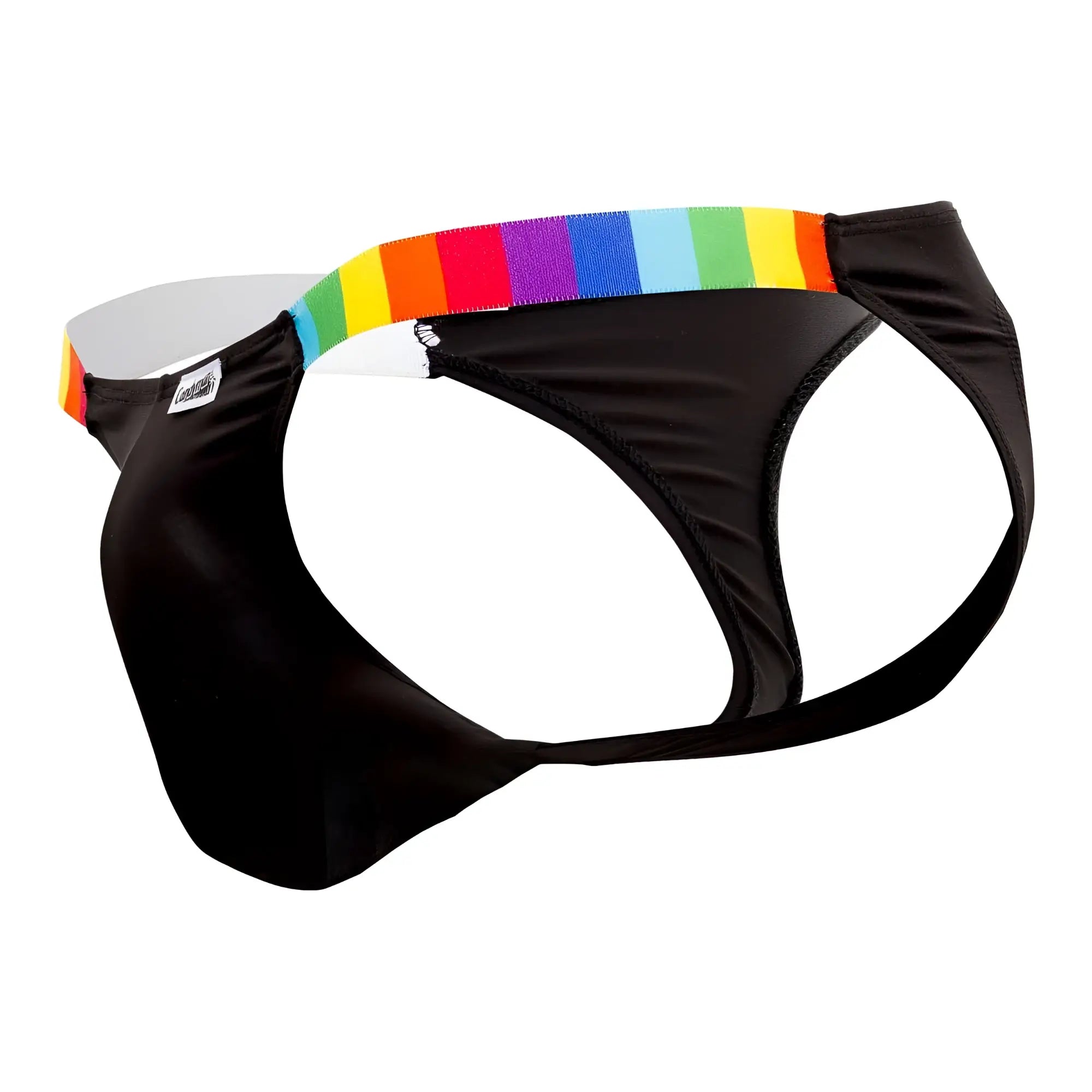 Black briefs with rainbow-striped elastic waistband from candyman 99536x bikini jockstrap in black stripes shown from front
