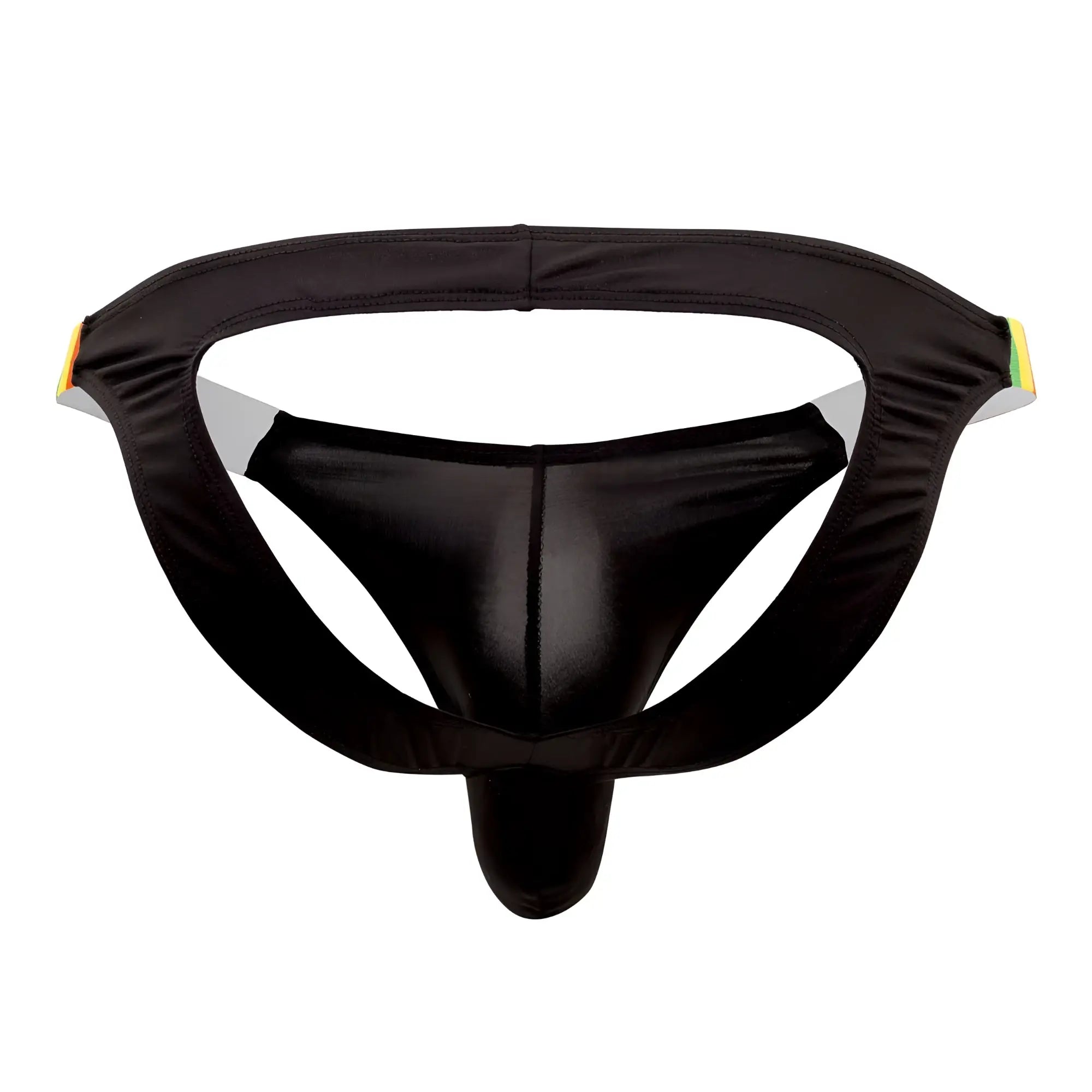 Black satin-like CandyMan 99536X bikini jockstrap with supportive contoured design and yellow-green side accents