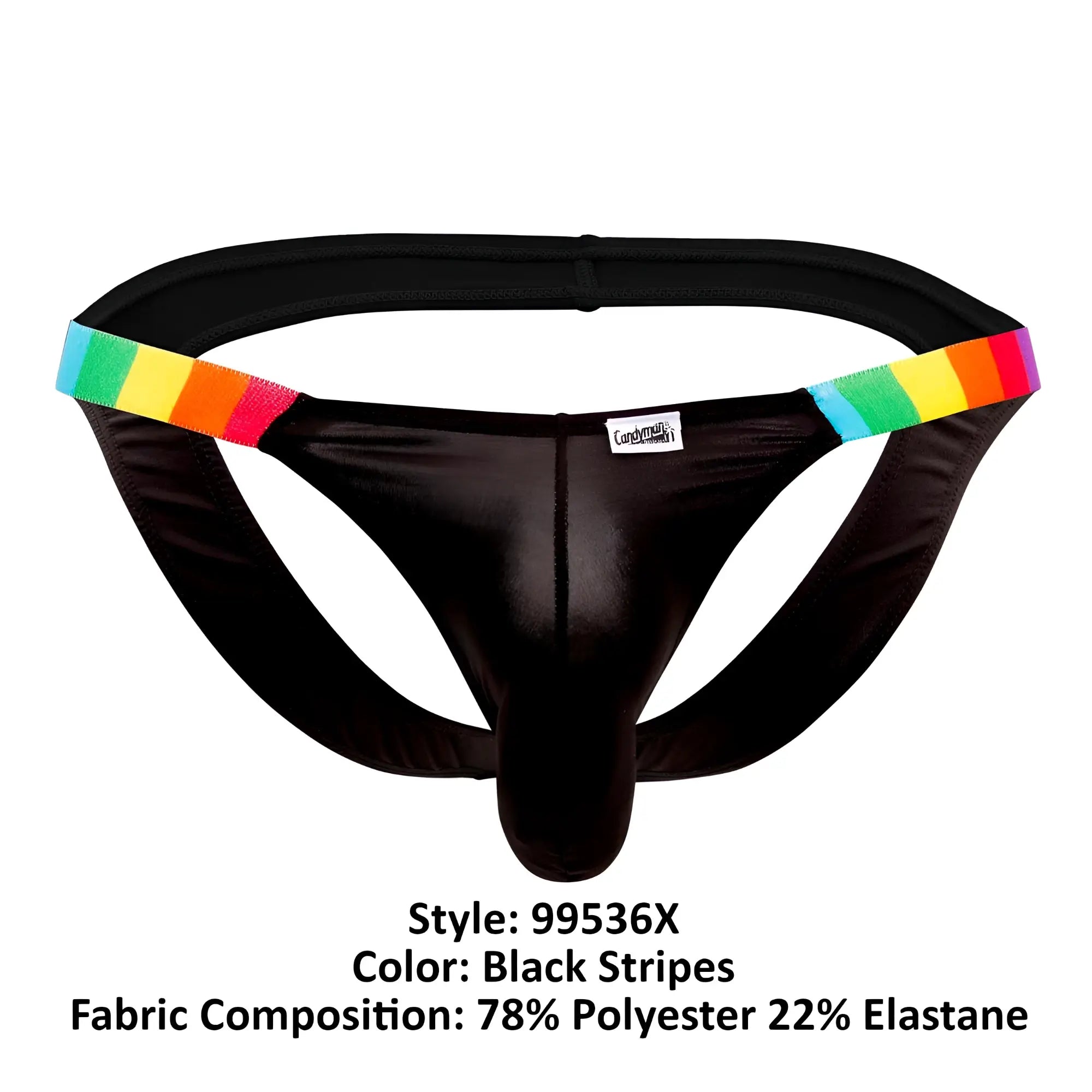 Black candyMan 99536X bikini jockstrap with rainbow-striped elastic bands on the sides showing the back view