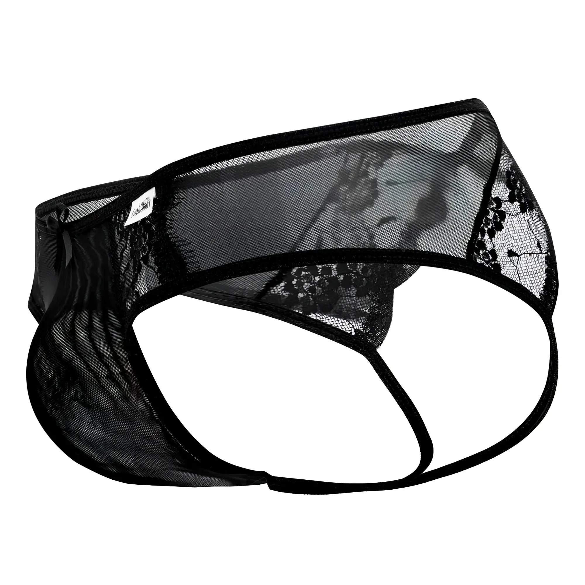 CandyMan 99538 lace jockstrap in black with sheer patterned lace mesh and reinforced elastic waistband shown from back