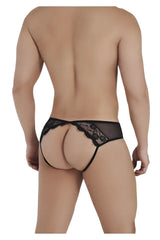 Black lace thong candyMan 99538 with sheer mesh and scalloped edge design in black front view