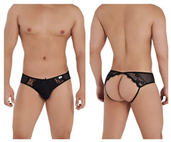 Black lace CandyMan 99538 jockstrap with sheer mesh and intricate floral detailing in black color