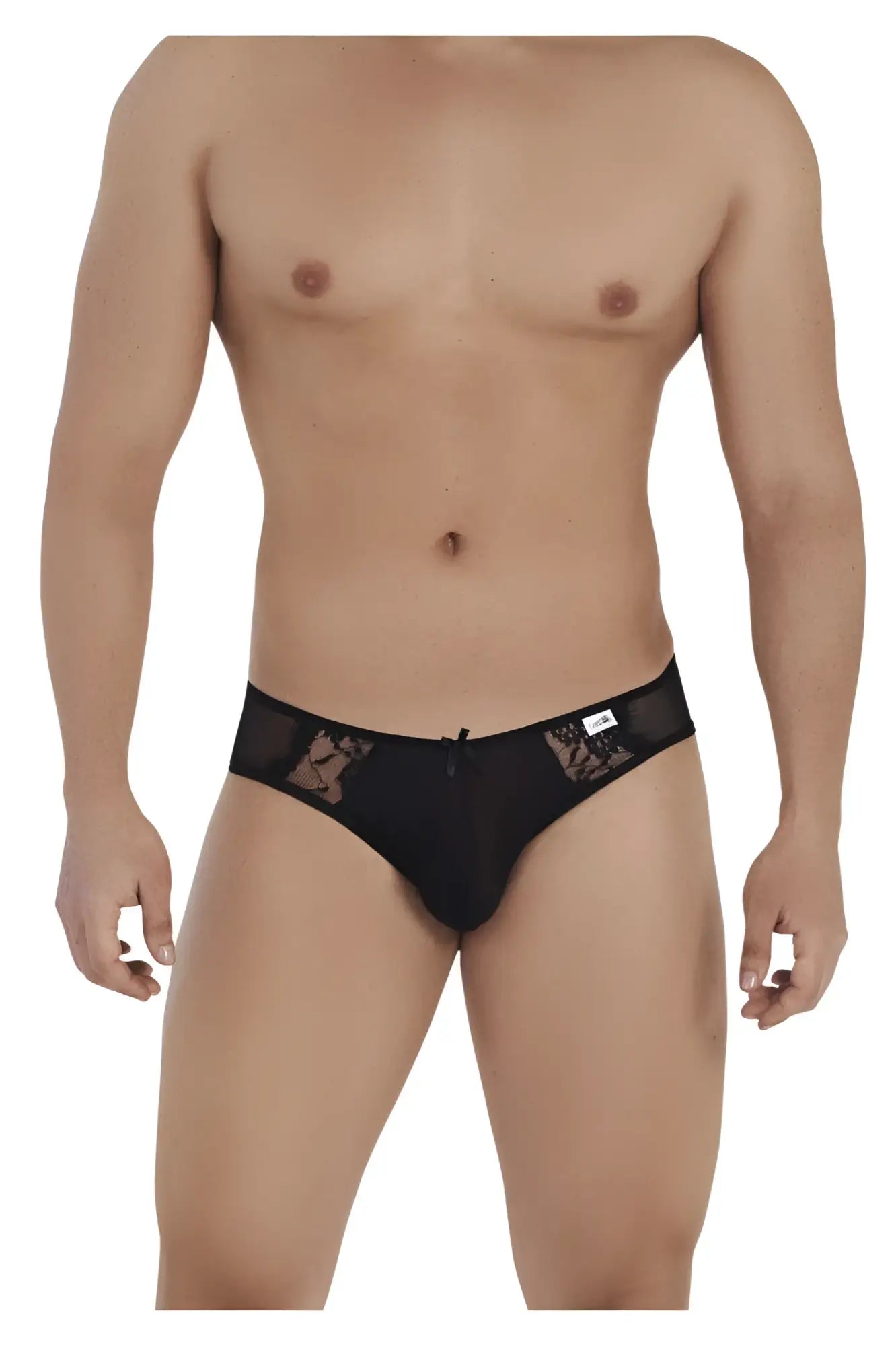 Black lace-trimmed CandyMan 99538 lace jockstrap with central zipper and sheer mesh panels