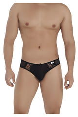 Black lace-trimmed CandyMan 99538 lace jockstrap with central zipper and sheer mesh panels
