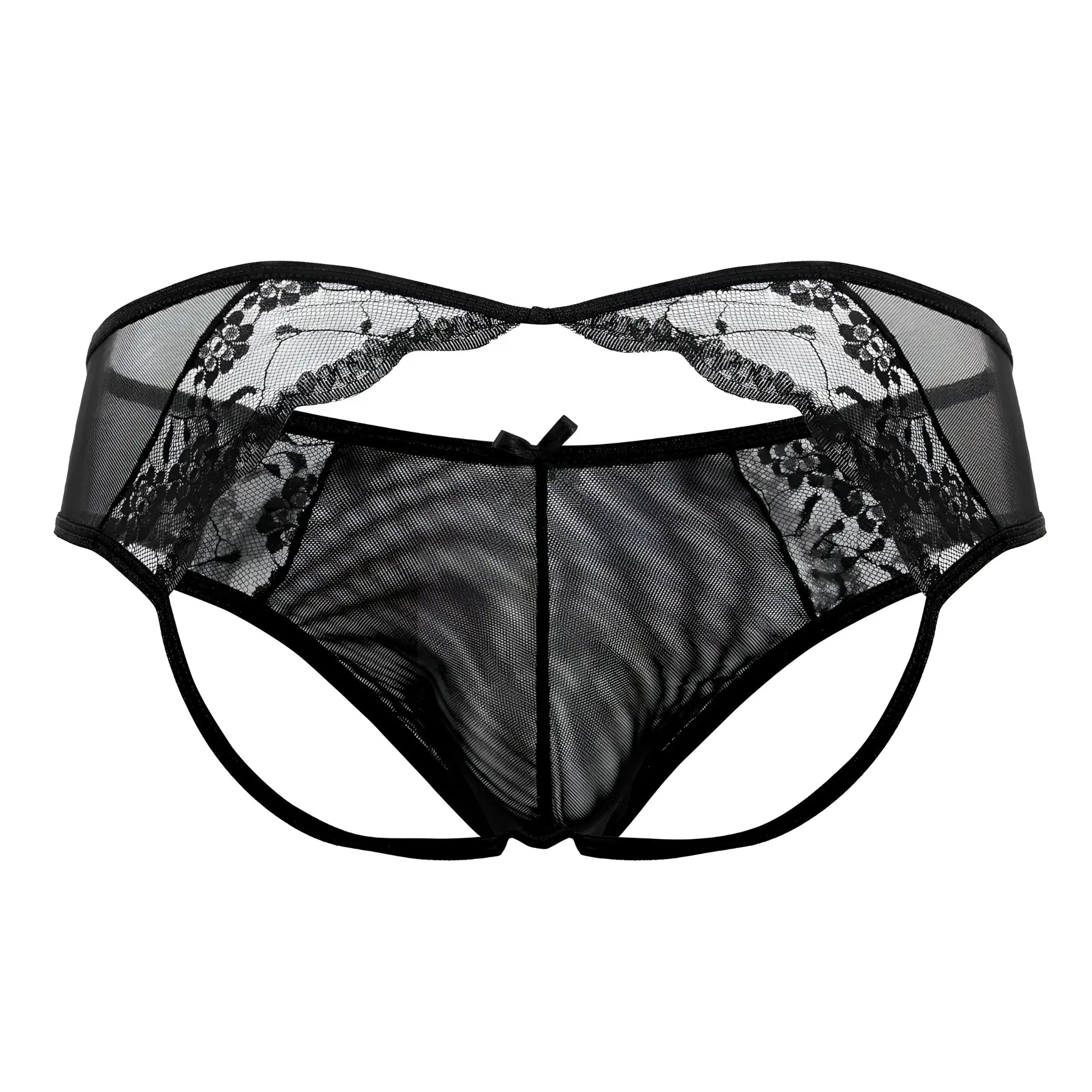 Black lace-trimmed mesh thong with central bow detail from Candyman 99538 lace jockstrap in black