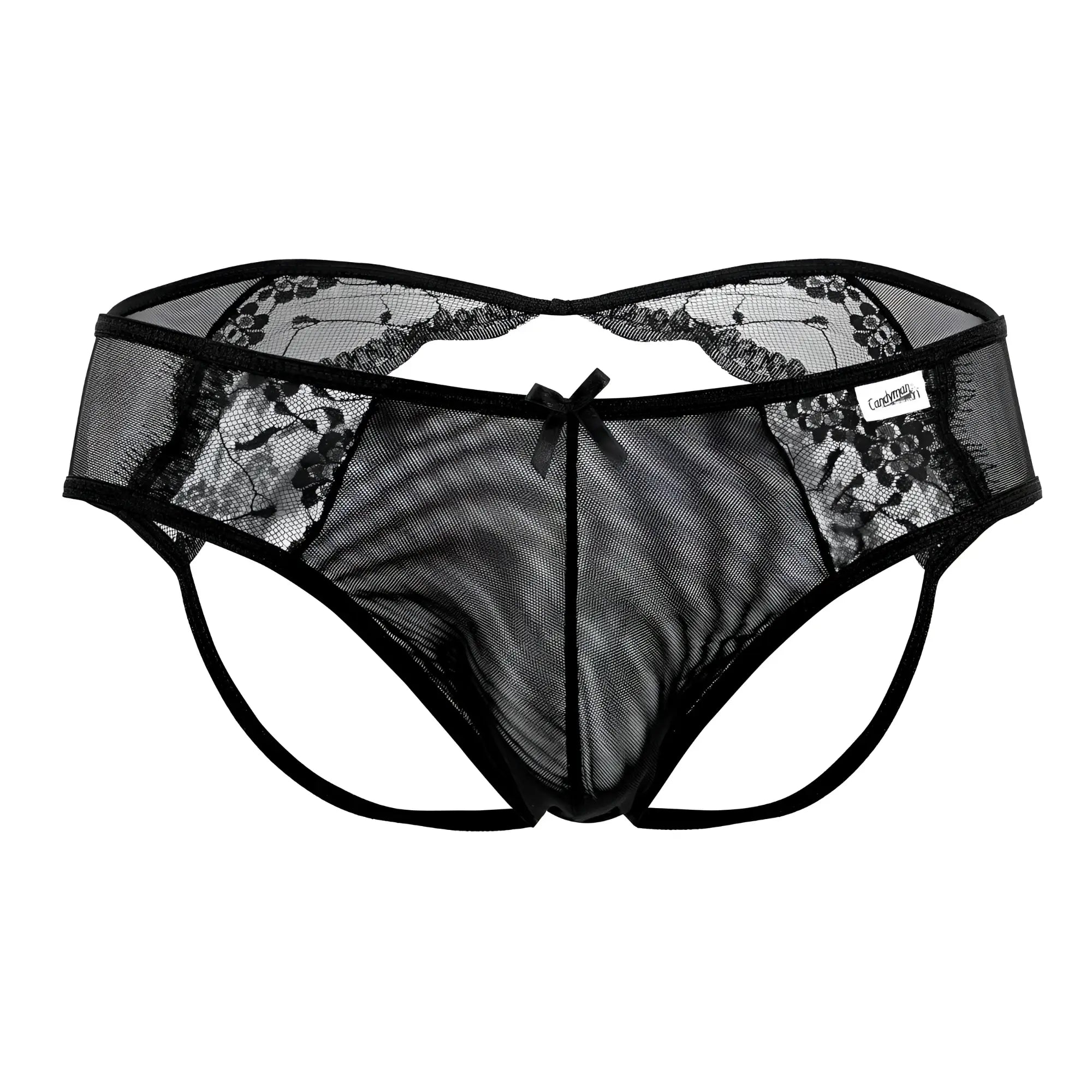 Black lace-trimmed mesh thong with central bow and brand tag from candyman 99538 lace jockstrap in black
