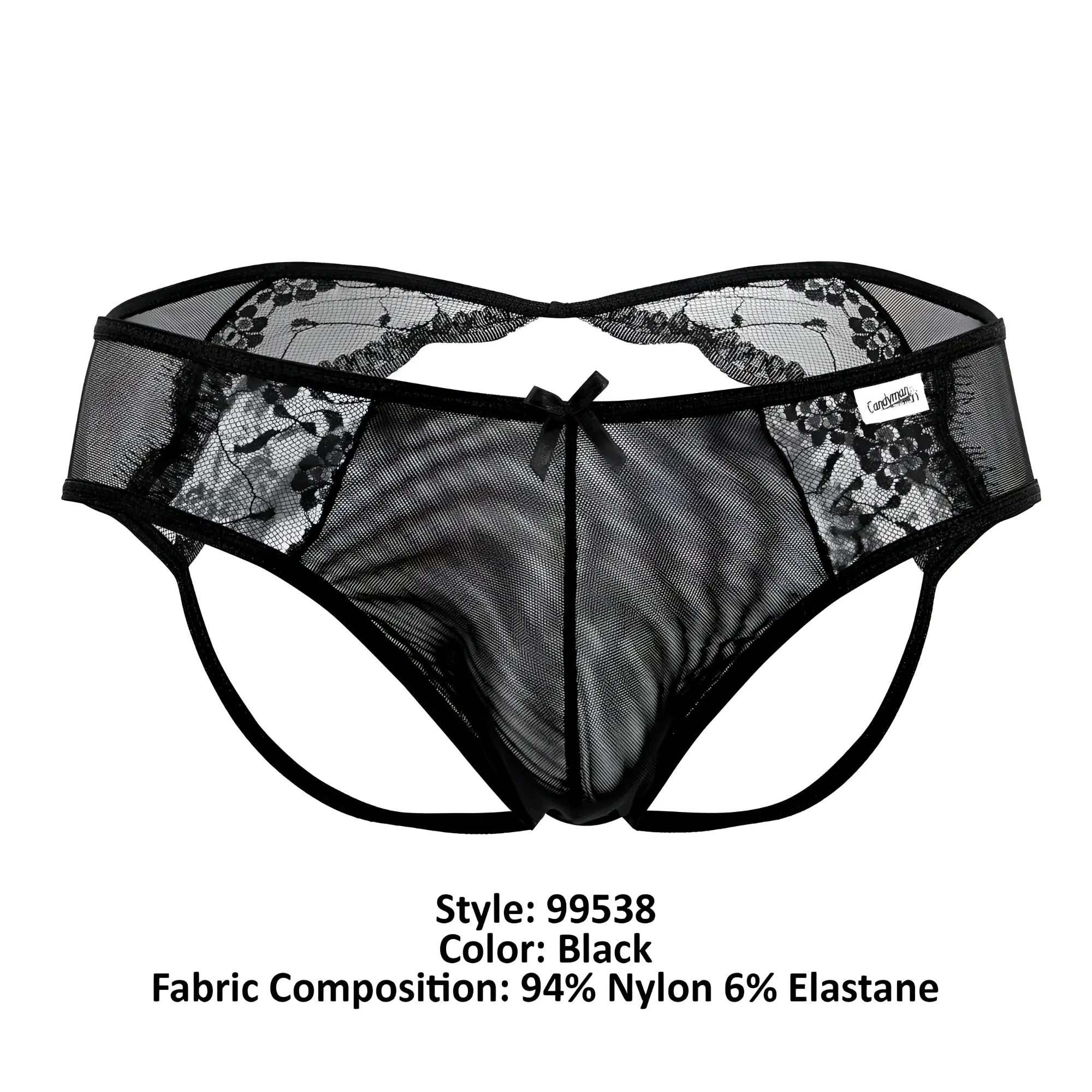 Black lace-trimmed mesh thong with central bow detail from Candyman 99538 lace jockstrap in black color
