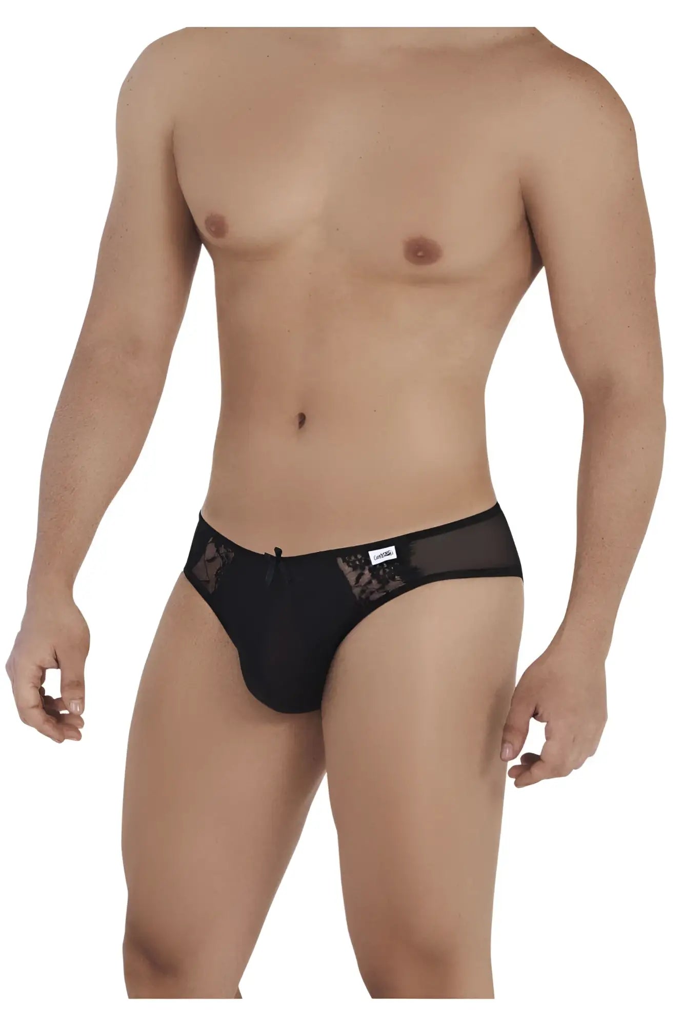 Black candyMan 99538 lace jockstrap briefs with sheer mesh panel and lace trim featuring a small brand tag
