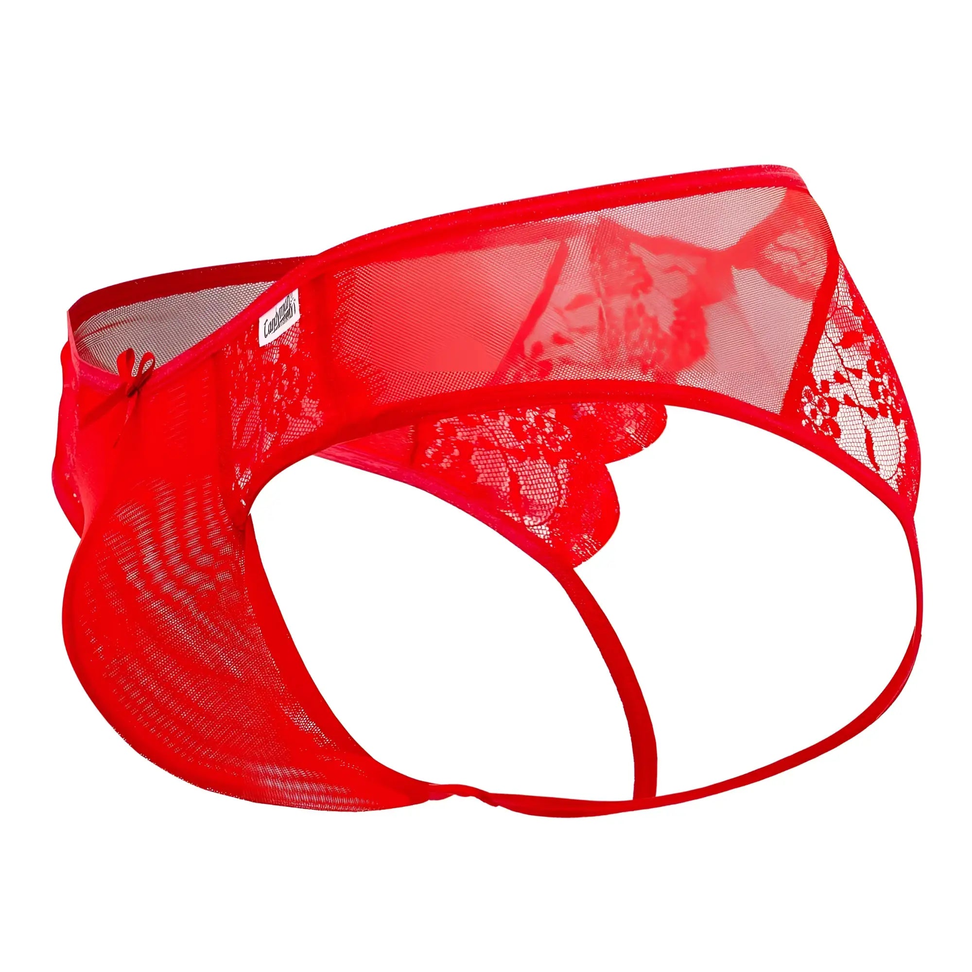 Red lace mesh briefs with delicate floral pattern and thin elastic waistband candy man 99538 lace jockstrap red