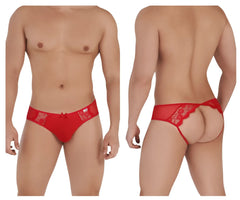 Candyman 99538 lace jockstrap in red featuring a red lace thong with a small bow and intricate floral patterns