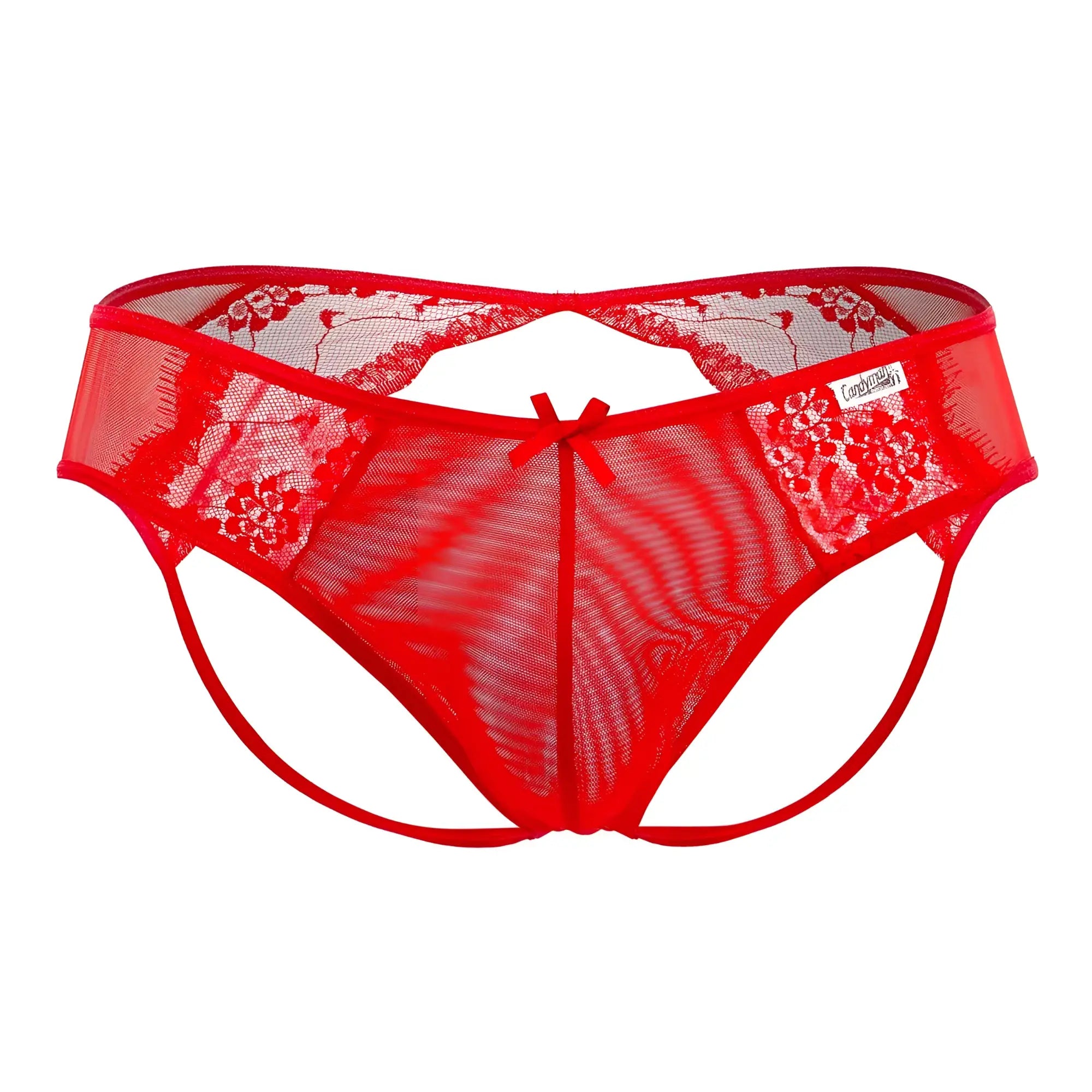CandyMan 99538 lace jockstrap in red with floral lace patterns and a small bow at the center front